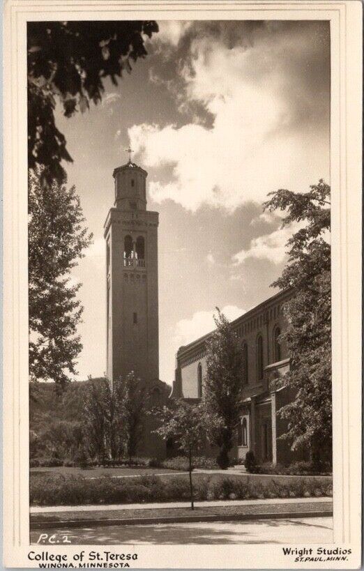 1940s WINONA, Minnesota Photo RPPC Postcard COLLEGE OF ST. TERESA Tower View