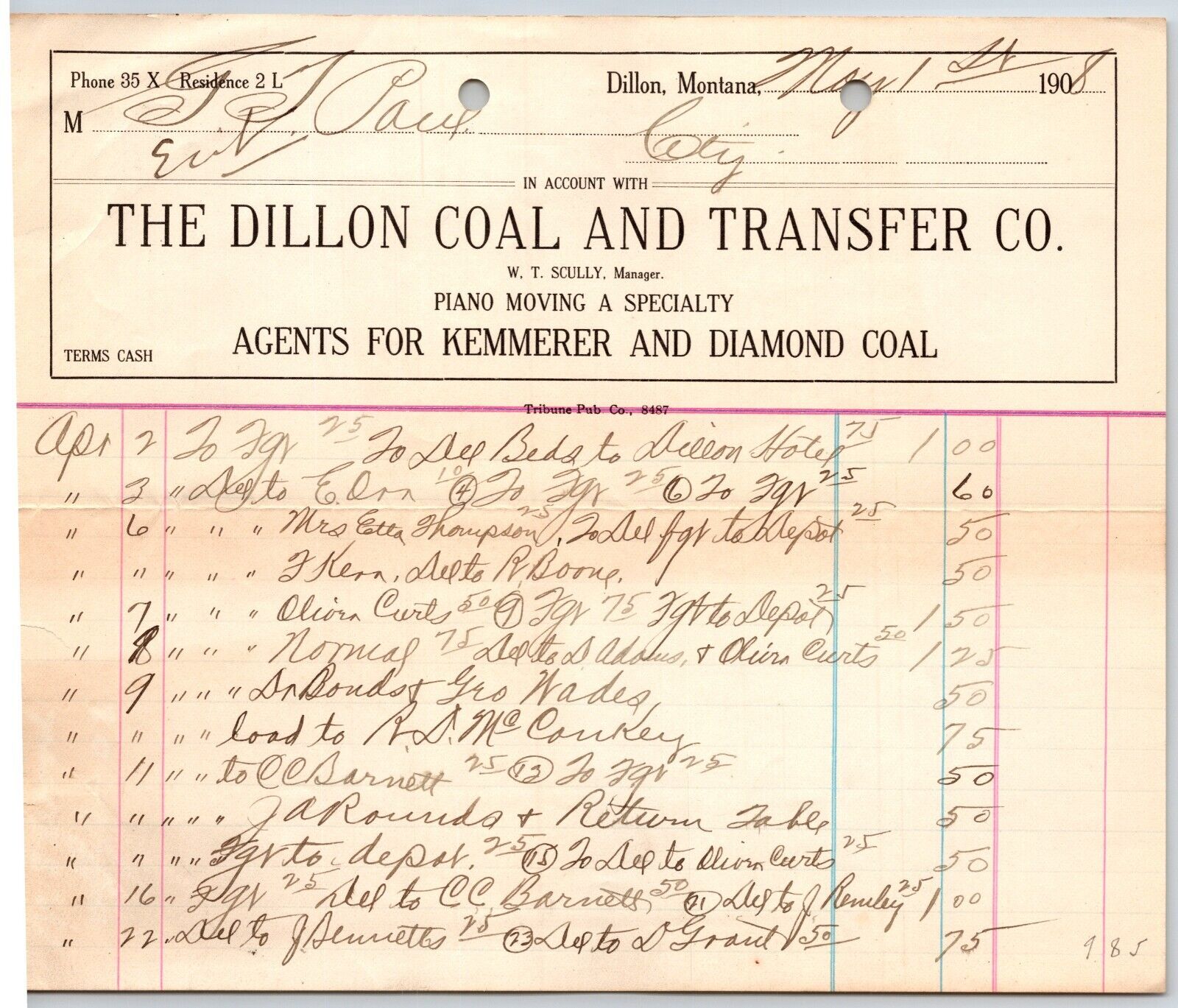 Dillon, MT Dillon Coal & Transfer Co Ice Wood May 1908 Billhead G.T. Paul*