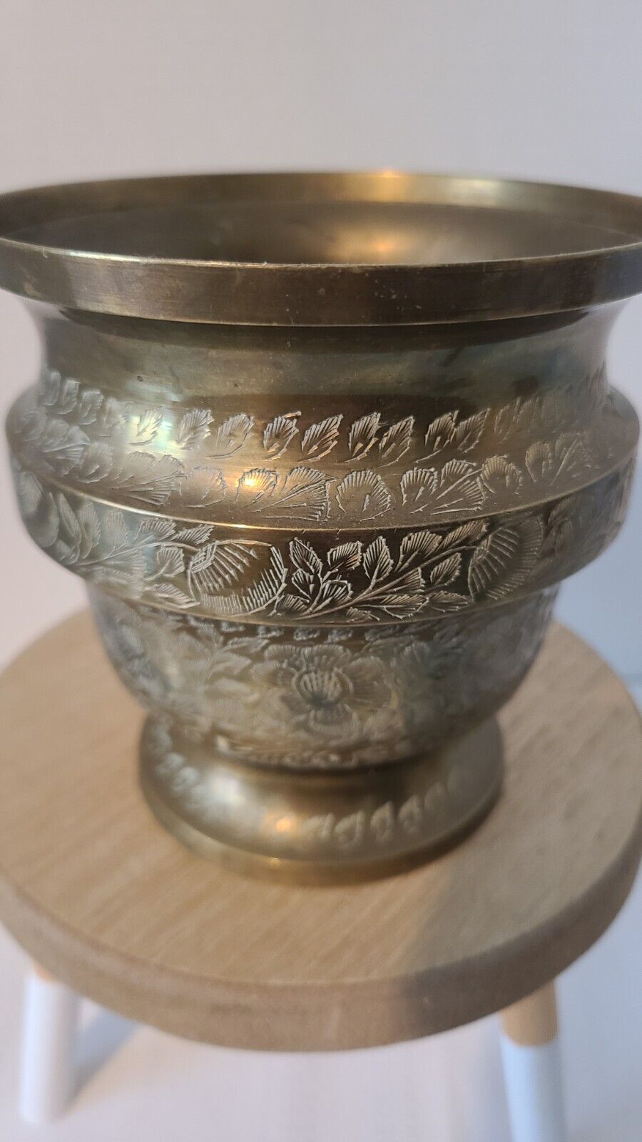 Vintage Etched Brass Decorative Vase Container Floral Wide Mouthed