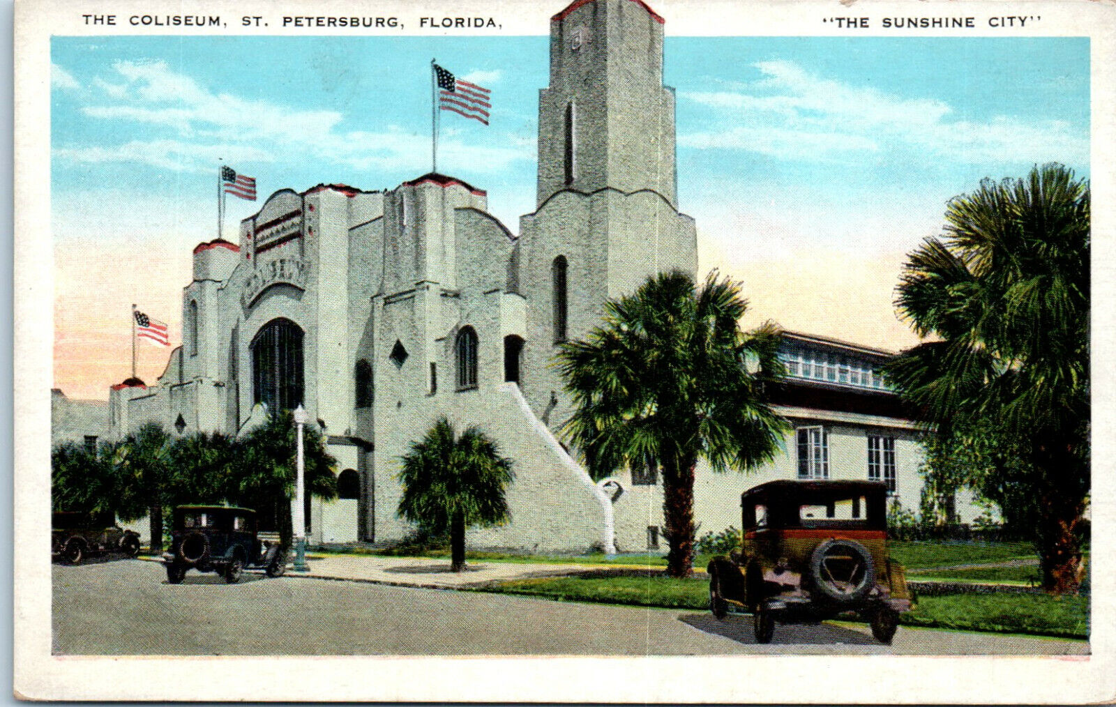 1920s The Coliseum St. Petersburg FL Old Cars Postcard