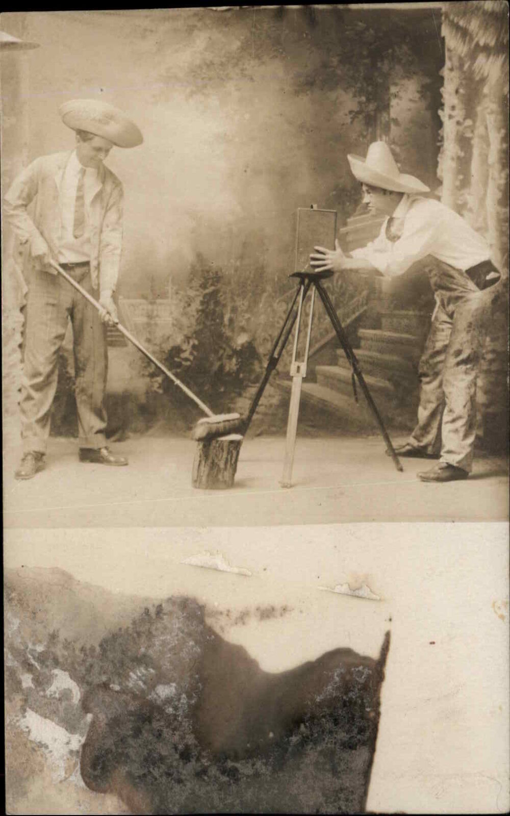 Men in Studio With Camera & Broom Goofy Hats Unusual Real Photo Postcard