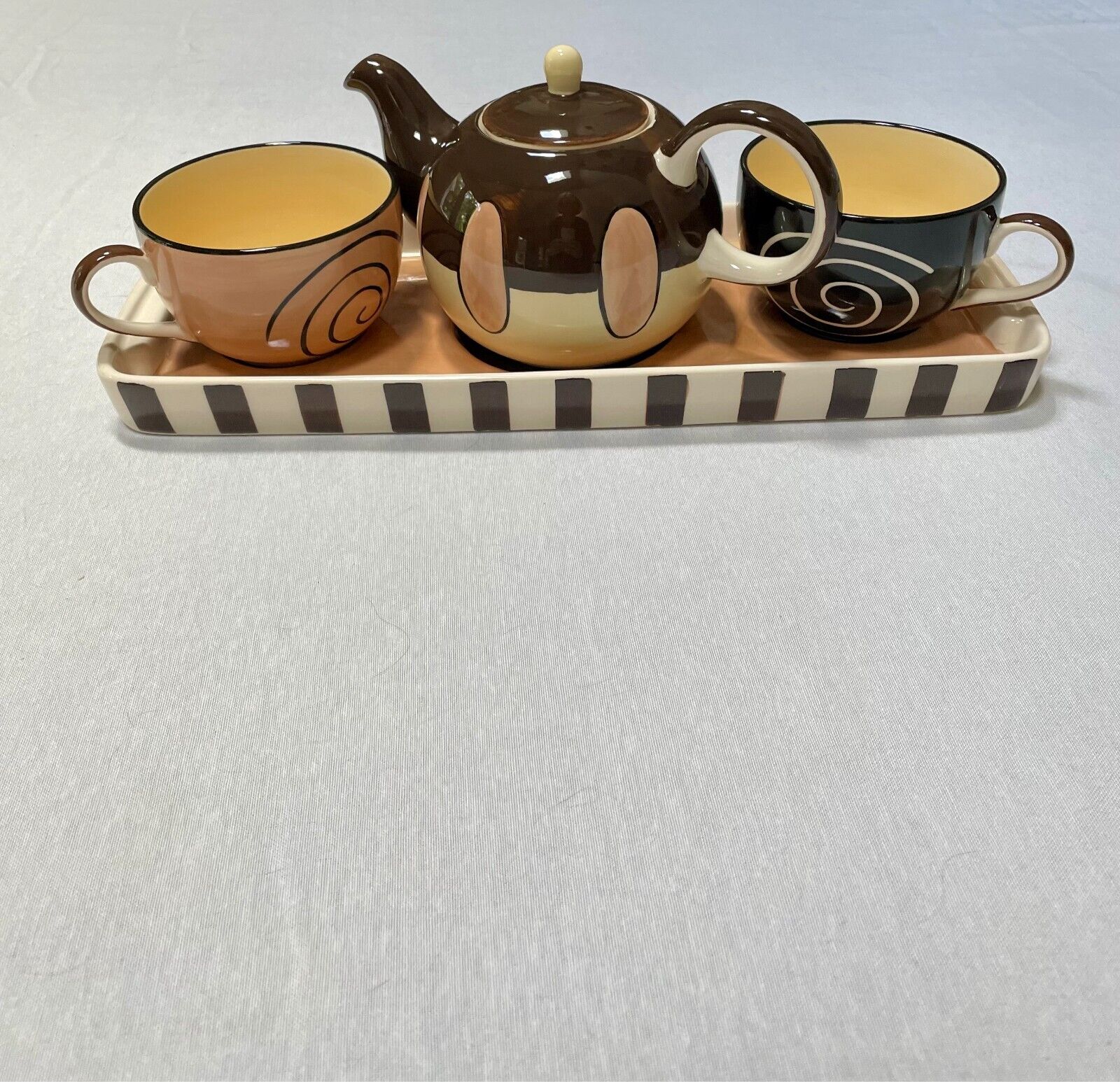Vintage Hues 'n Brews Retro Abstract Tea Pot, Teacups, & Tray SET Brown and Tan