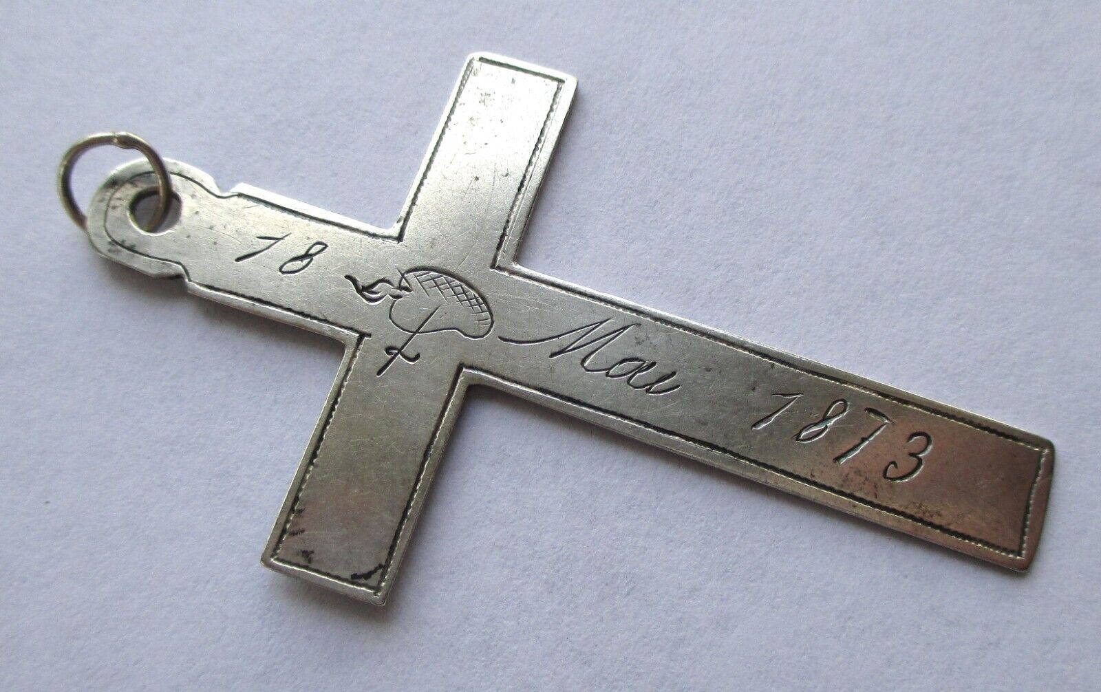 ANTIQUE SILVER ENGRAVED DATED FRENCH NUN'S CROSS 1873 SACRED HEART