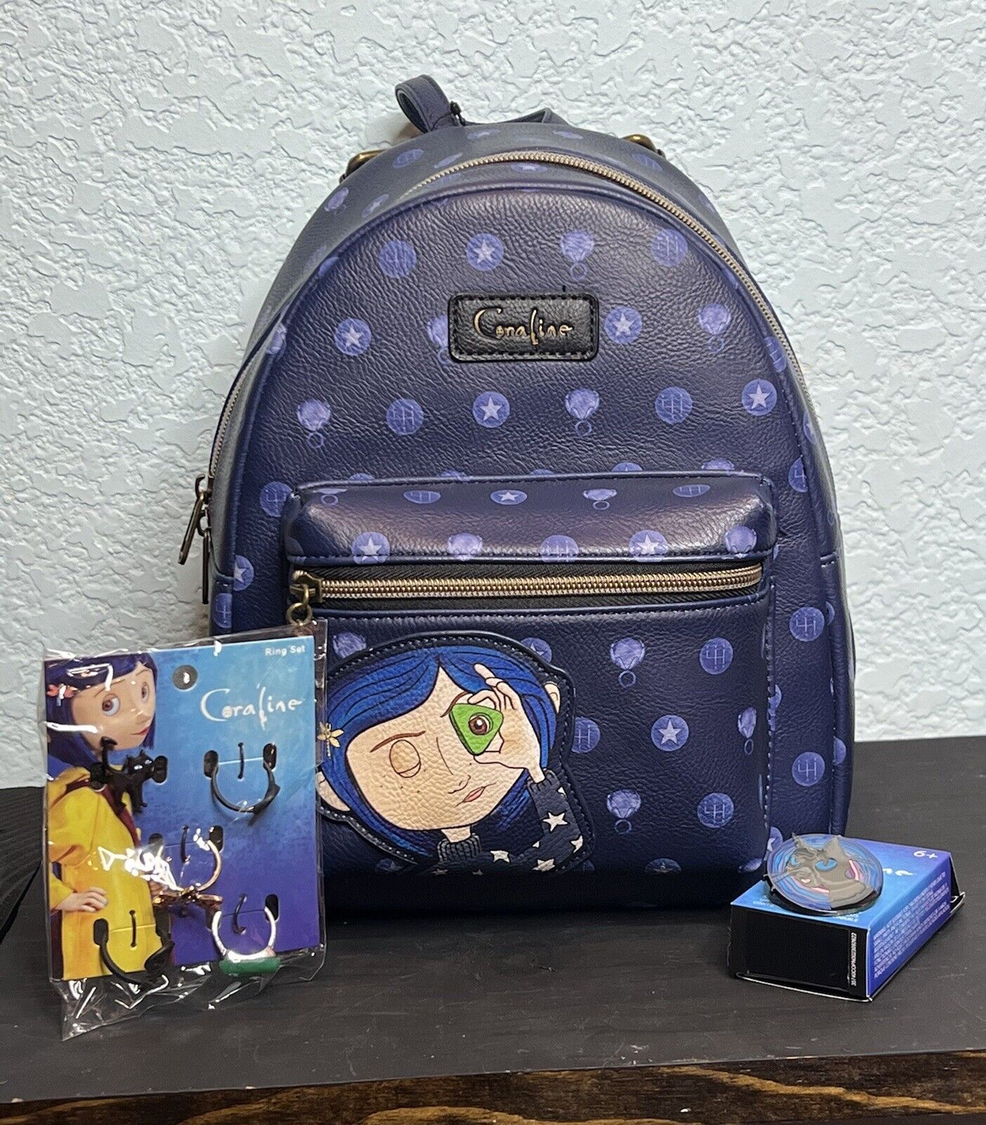 Loungefly Coraline Blue Icons Mini Backpack Ring Set & Sabastion The Cat Pin NWT