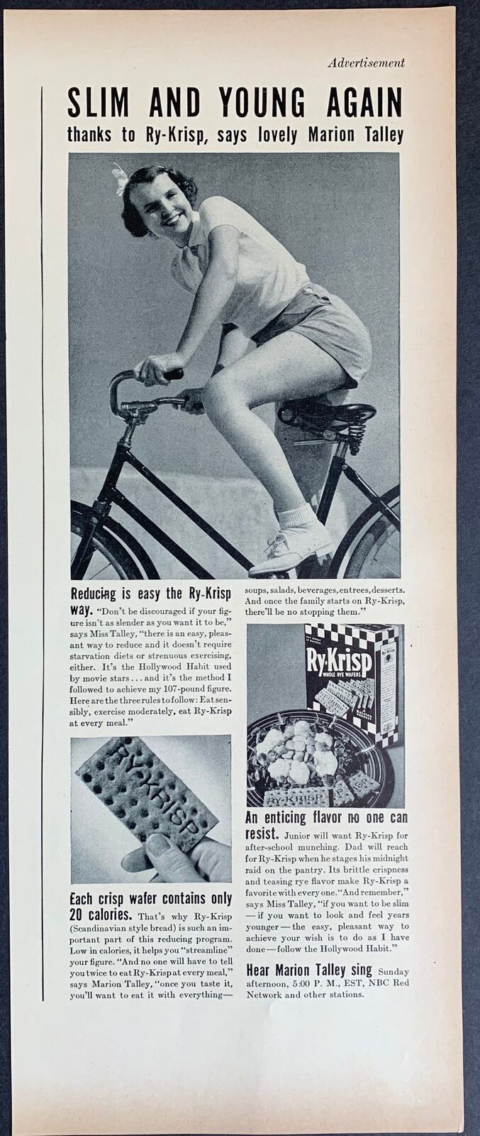 Vintage 1937 Ry-Krisp Rye Wafers, Marion Talley Print Ad