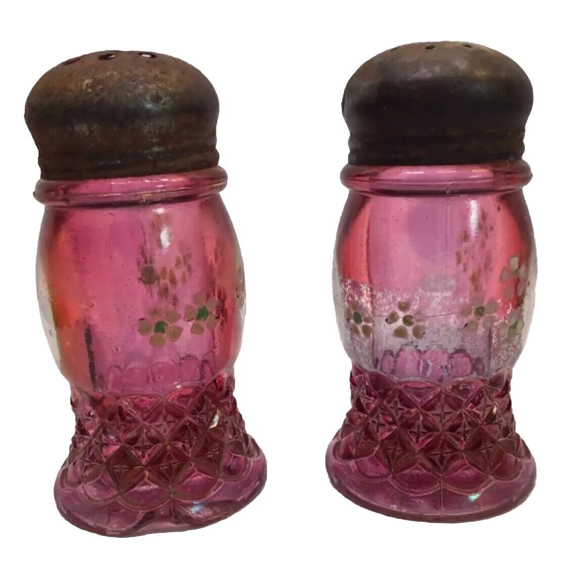 Antique Victorian Cranberry Glass Shakers Hand painted Pink Red Set of 2 READ