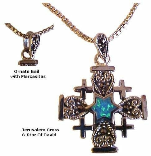 Jerusalem Cross 925 Sterling Silver Star of David Messianic Opal and Marcasites