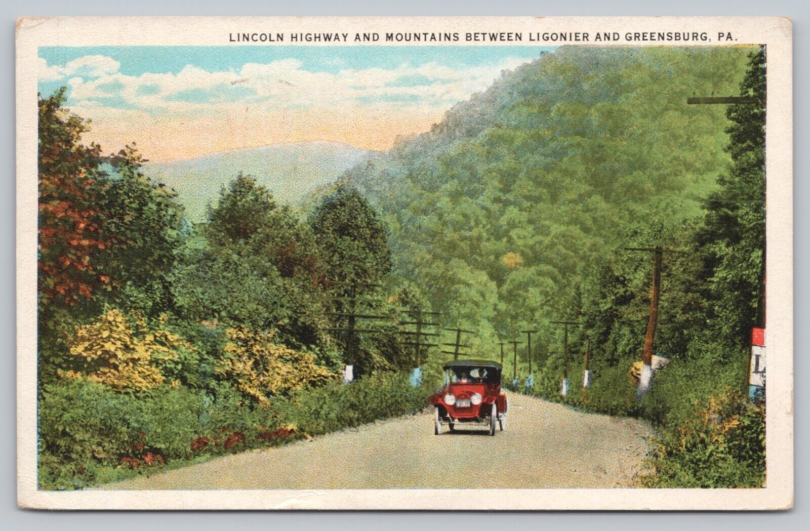 Postcard PA Ligonier Greensburg Lincoln Hwy US Route 30 Mountains Old Car J4