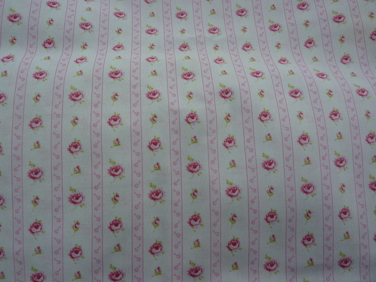 RJR Tiny Treasures Rattles Roses Pink White Stripe Baby Girl Nursery Fabric BTY