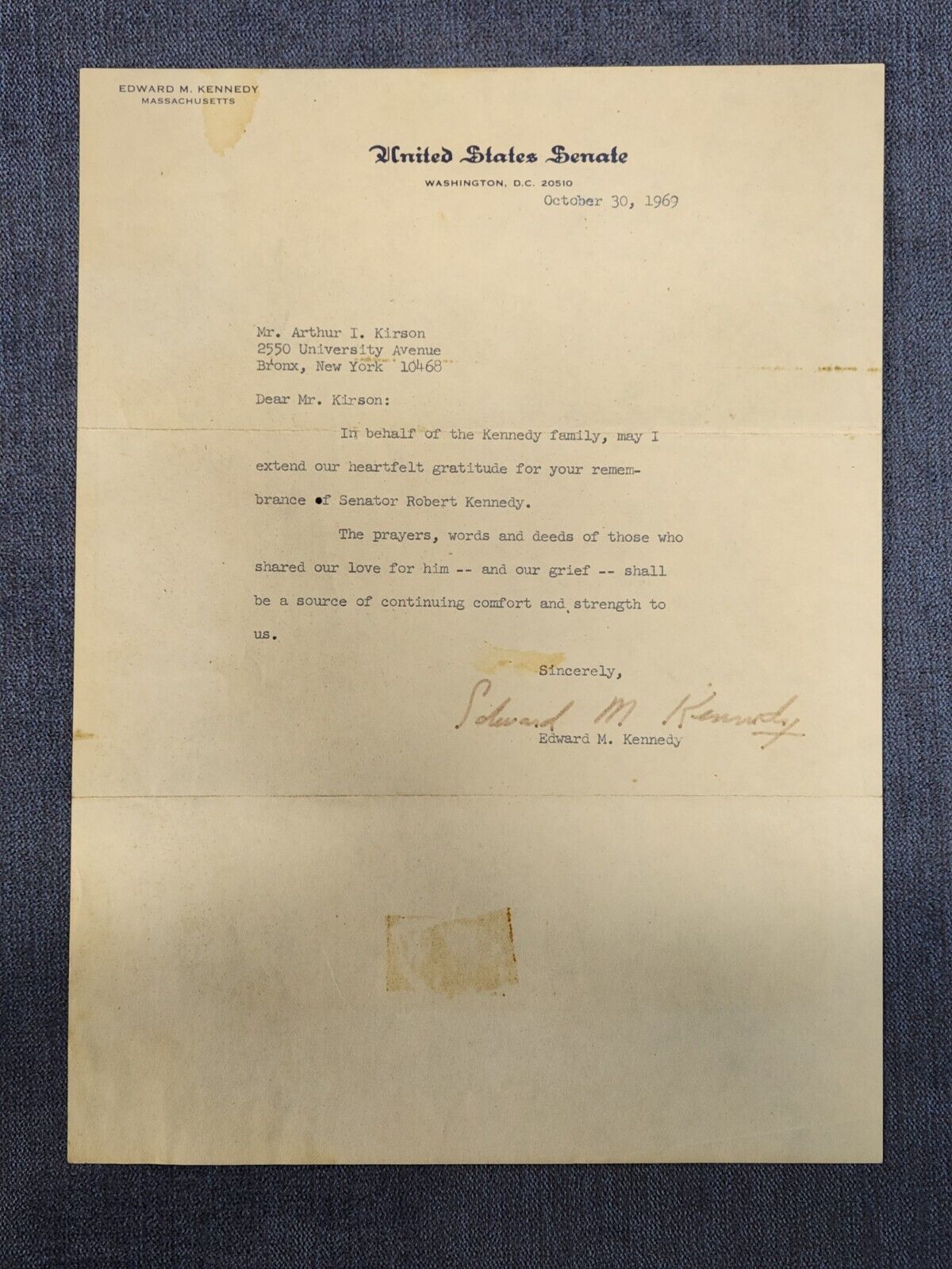 US Senator Edward M. Kennedy Hand Signed Letter US Senate 10/30/69  u-3E