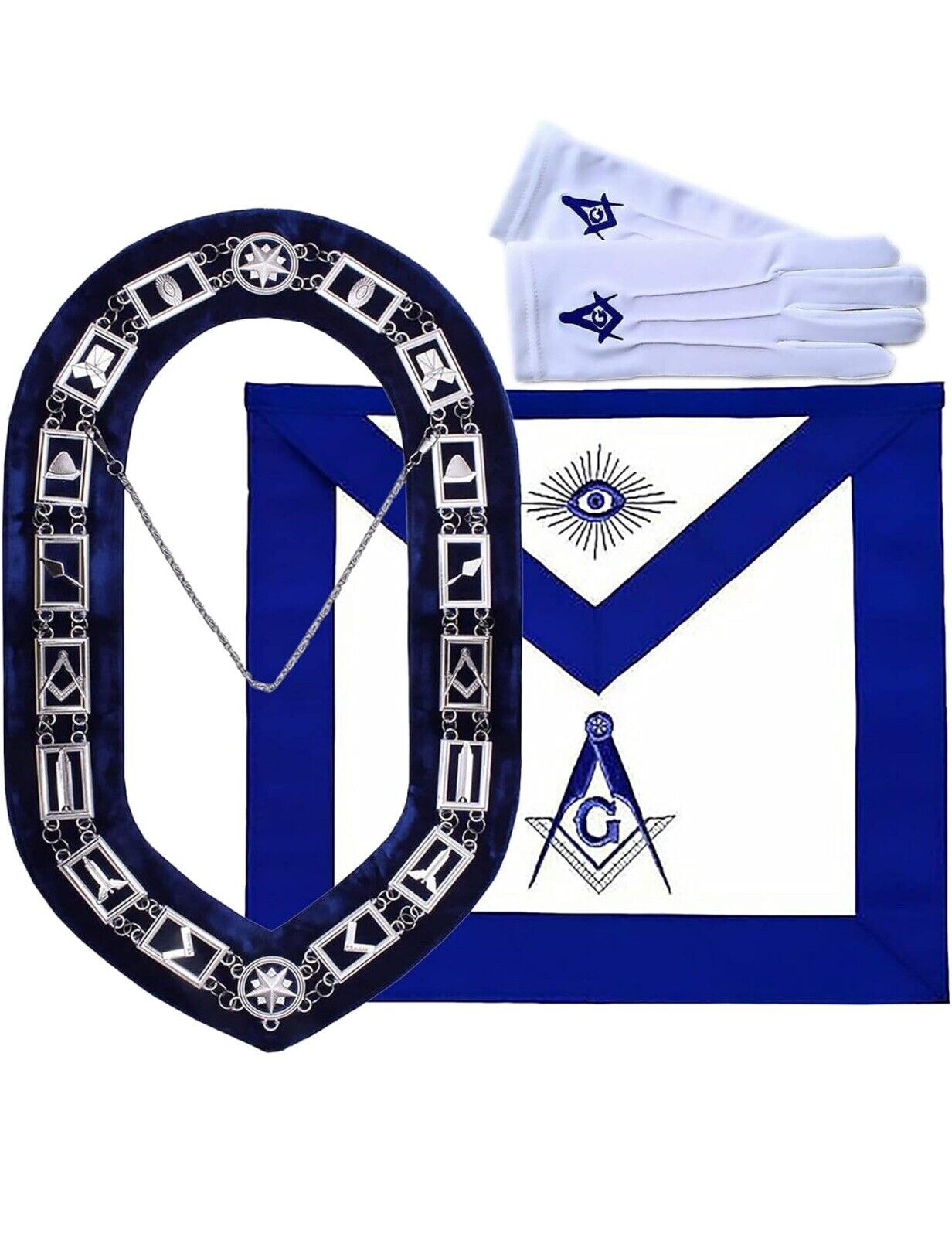  Blue Lodge Master Mason Apron, Chain Collar, Square and Compass Gloves Set