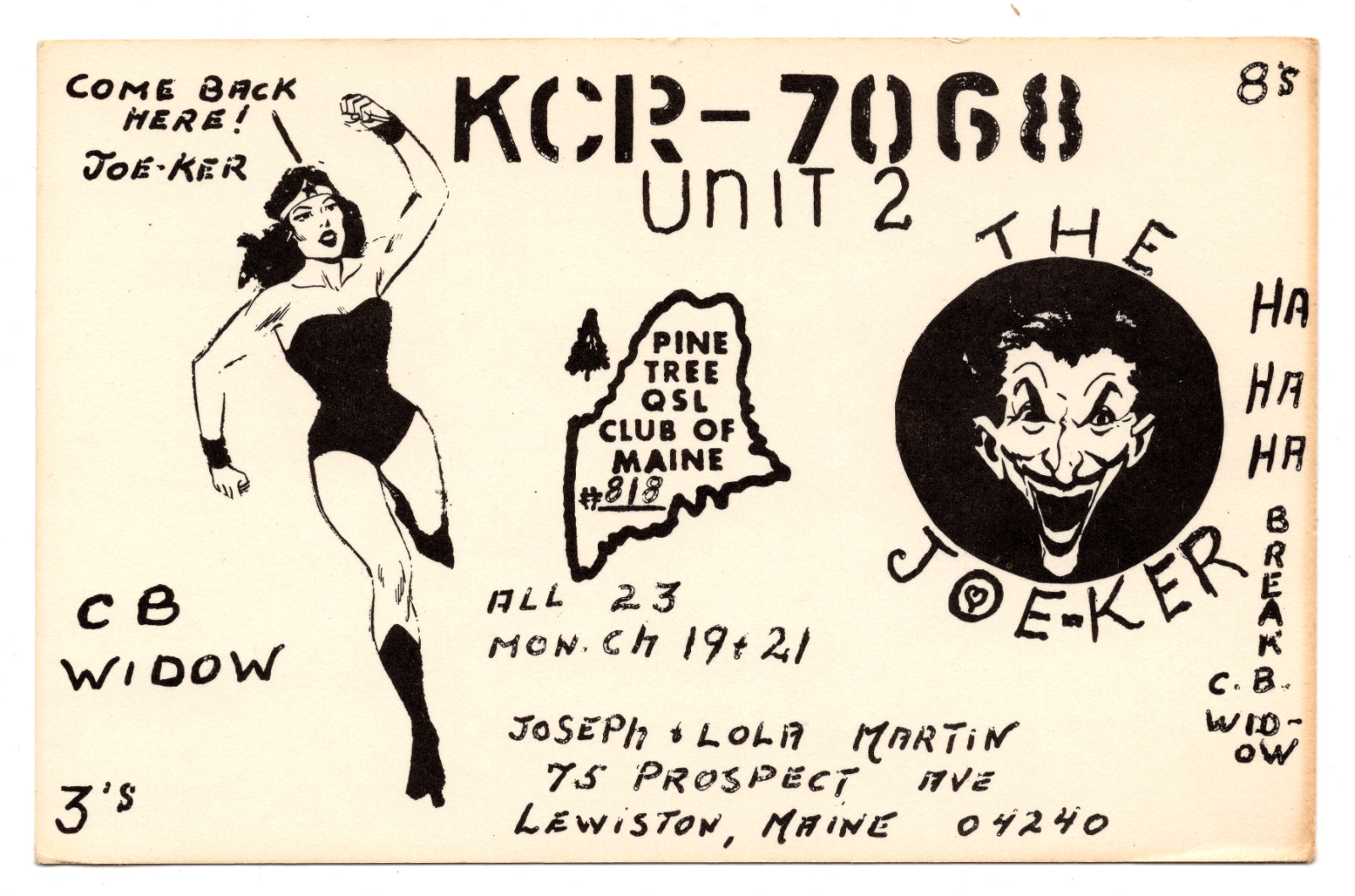 Vintage QSL Radio Card - CB Widow and The Joe-ker Lewiston, Maine
