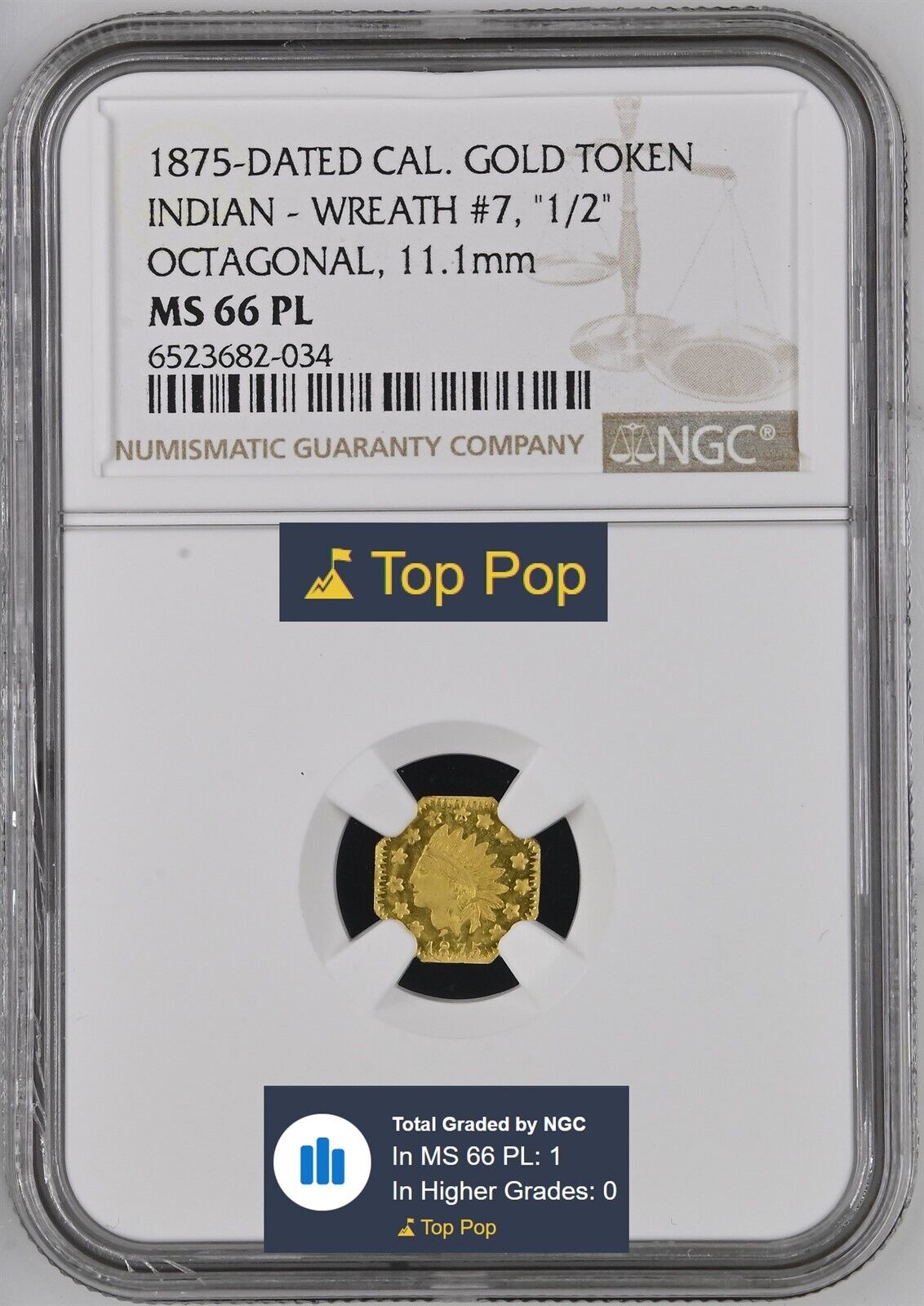 1875 1/2 IND CALIFORNIA GOLD, BG-933 HYBRID / NGC MS66PL TOP POP