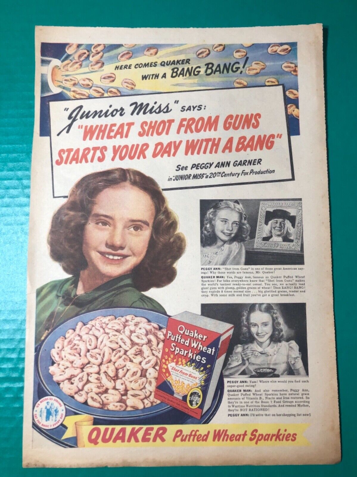 1945 Peggy Ann Garner Quaker Puffed Wheat Sparkies cereal ad 15.5x10.5” 