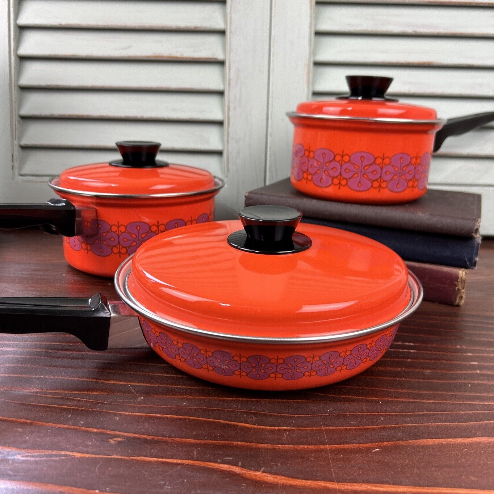 Vintage Enamel Orange Purple Cookware MCM 70s Mod Groovy 2 Saucepans Saute Pan