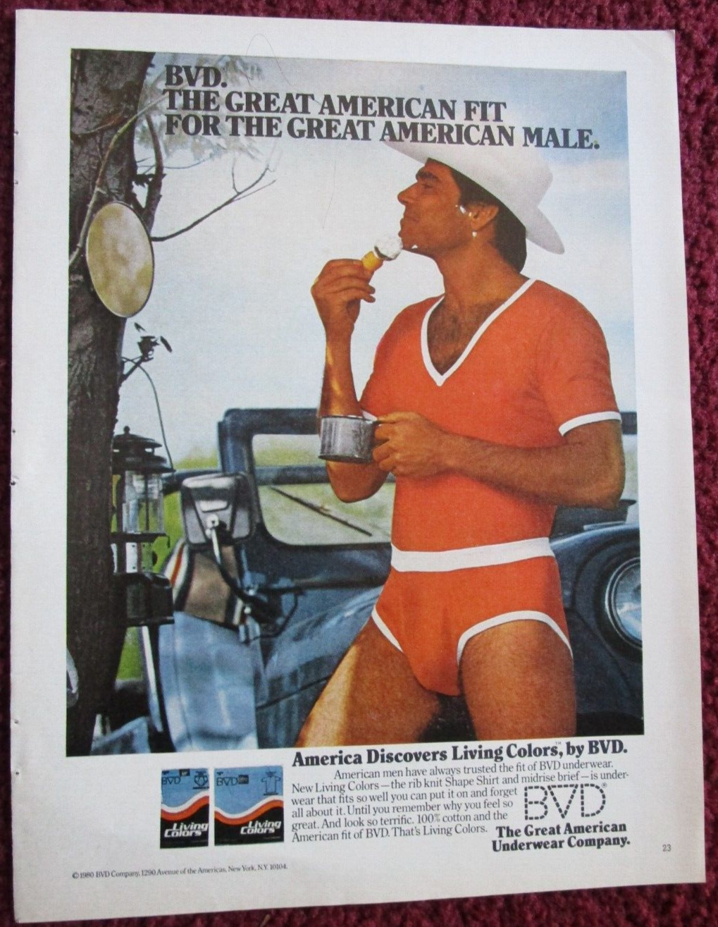 1980 BVD Men\'s Underwear Briefs Print Ad ~ Western Cowboy, Orange Outdoor Shave