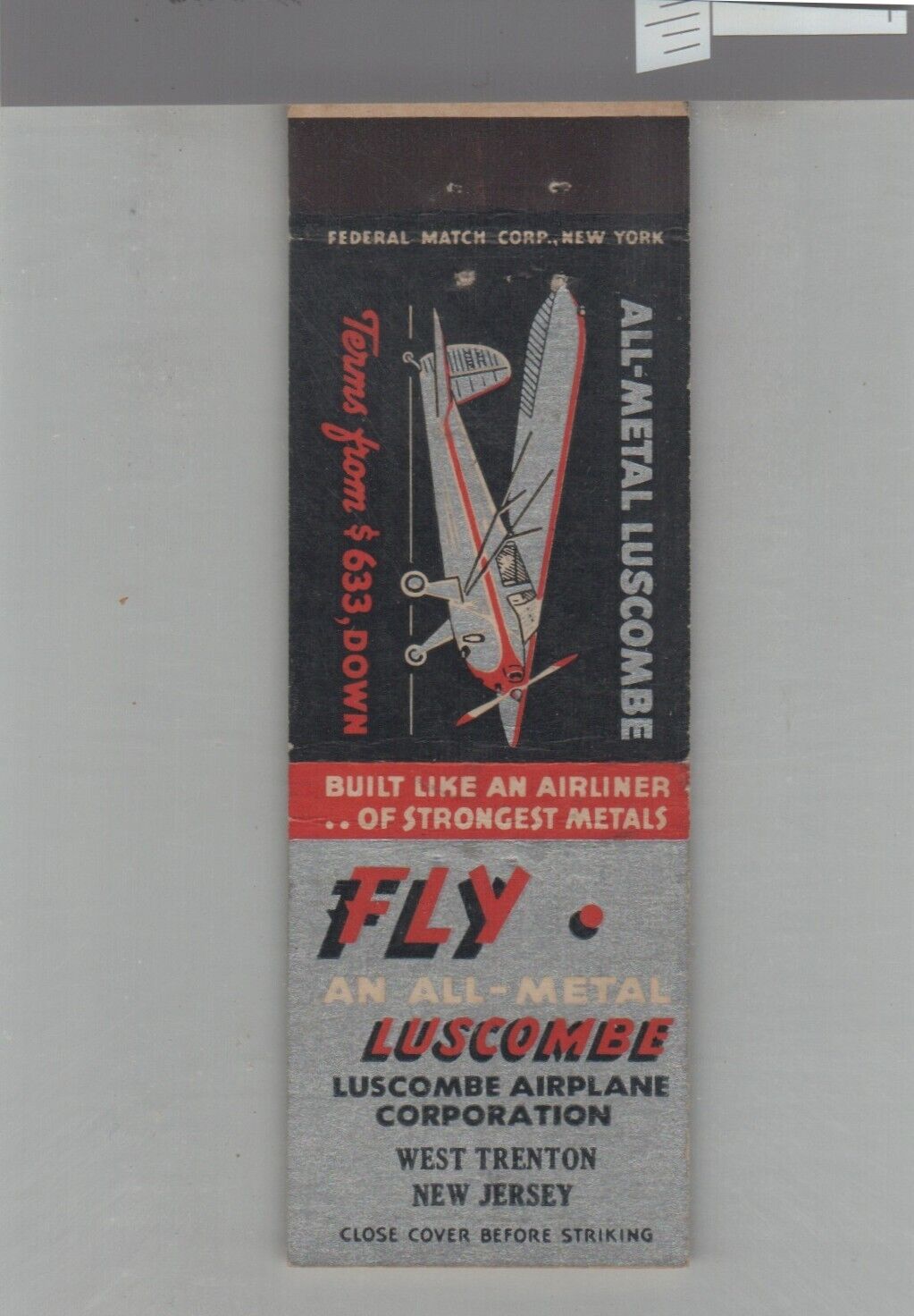 Matchbook Cover Luscombe Airplane Corporation West Trenton, NJ