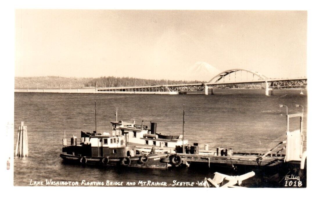 LAKE WASHINGTON FLOATING BRIDGE Mt. Rainier RPPC Seattle, WA Ellis - Postcard