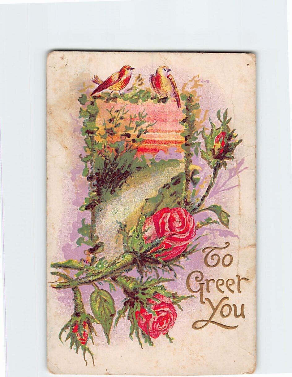 Postcard To Greet You Birds & Roses Greeting Embossed Card