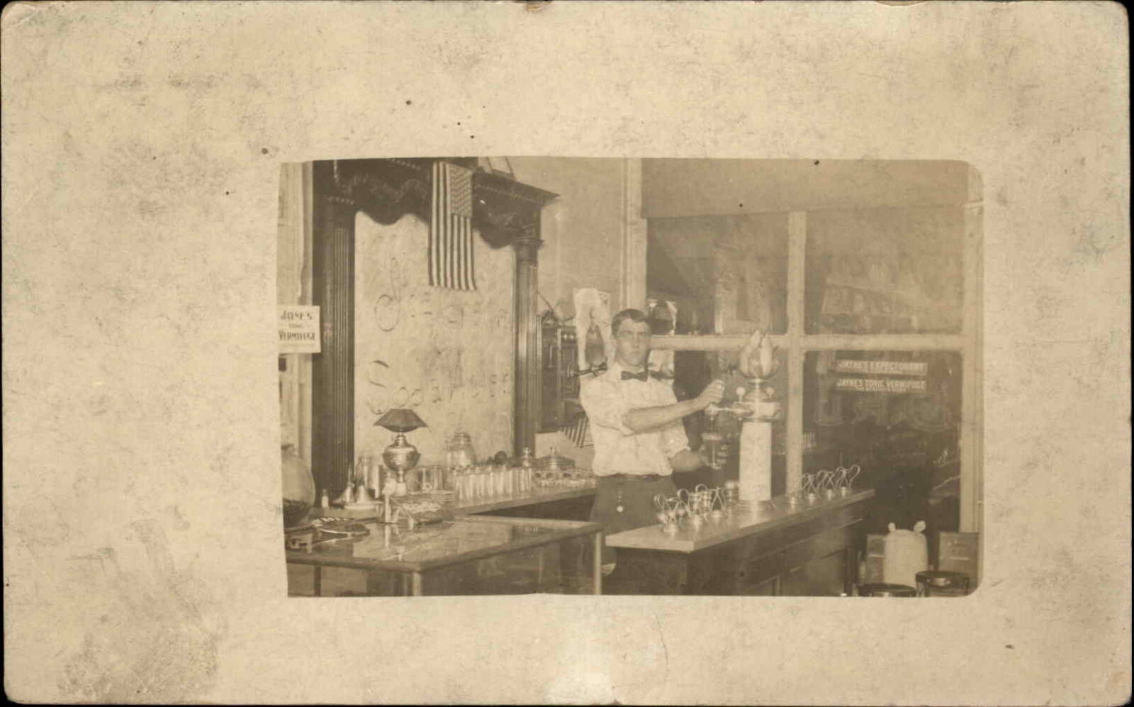 Brewster Cancel KS Soda Fountain Drugstore Man Filling Glass c1910 Real Photo RP