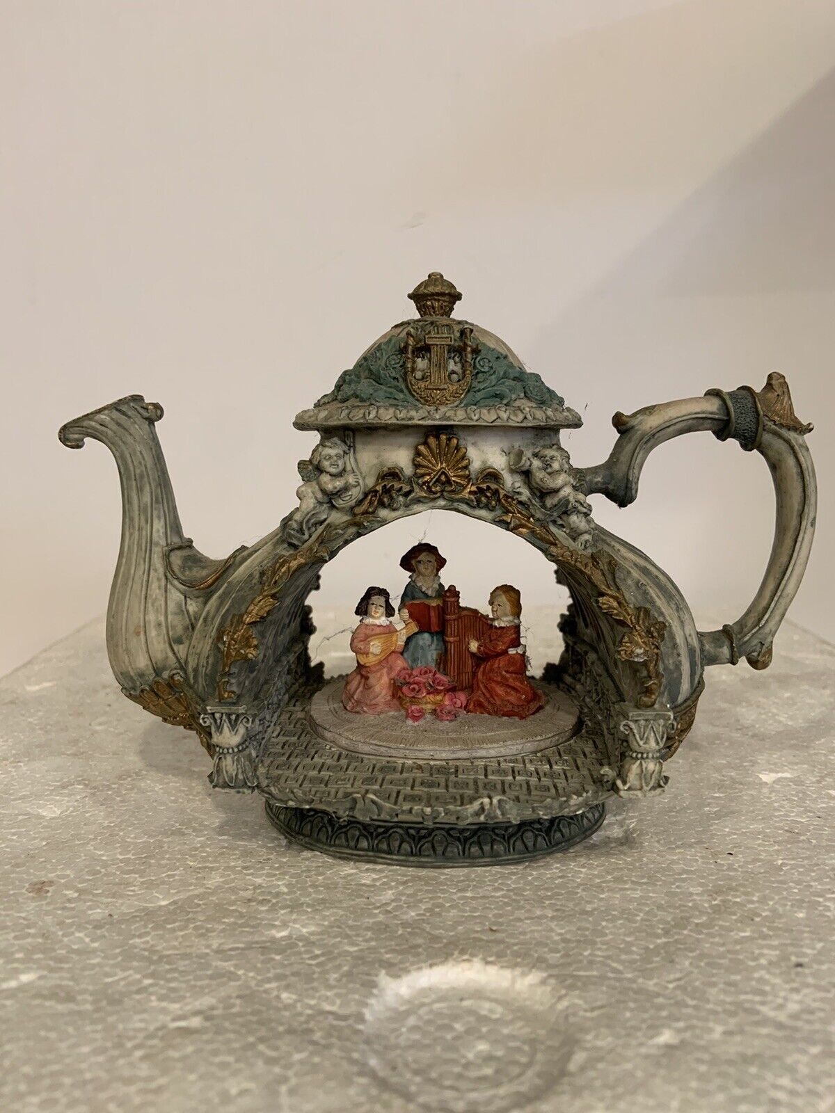 Vntg Victorian Tea Pot Music Lesson Time Figurine RARE Cherubs Carved Resin