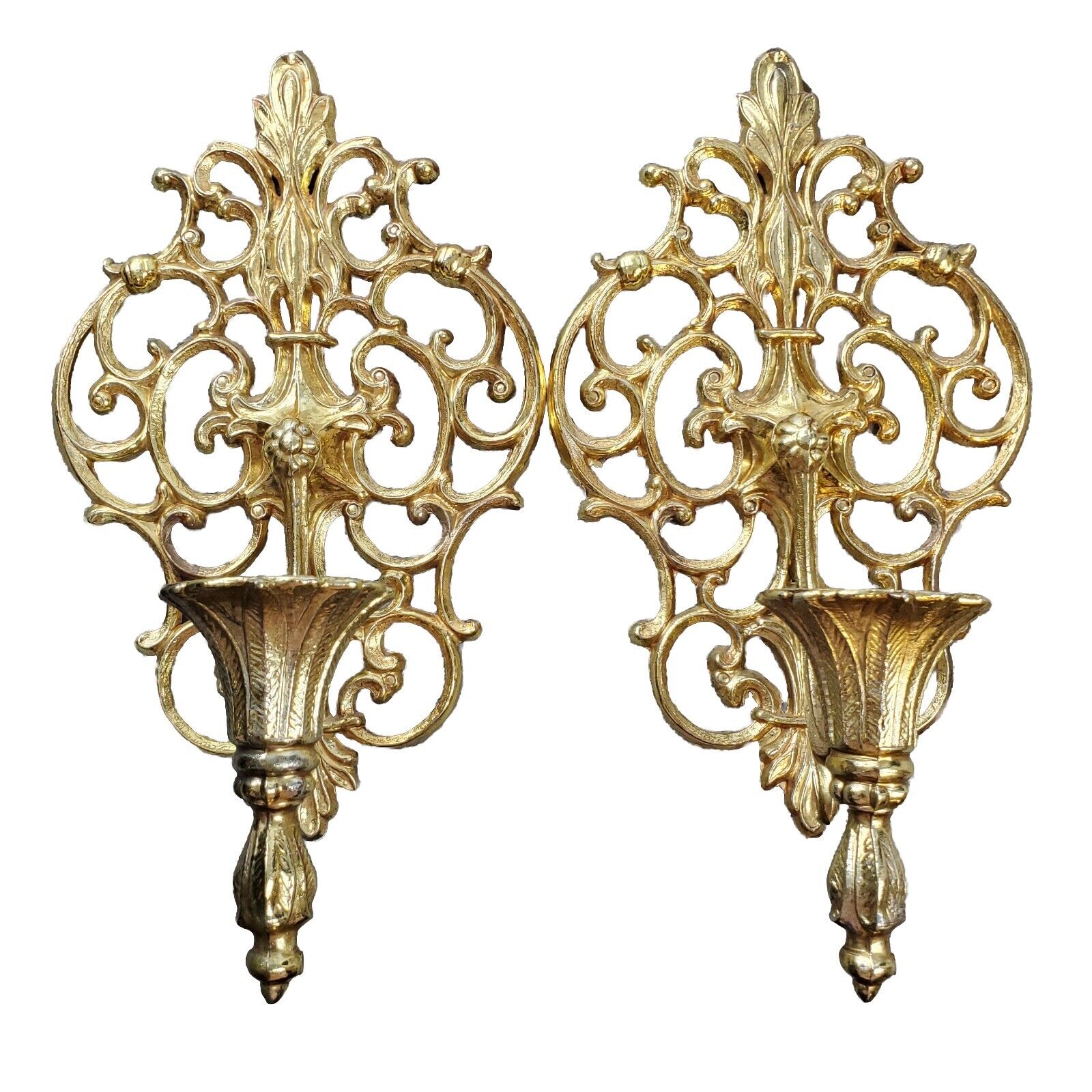 Vintage Wall Sconce Gold Metal Candle Holder Pair Two Adults MCM 11\