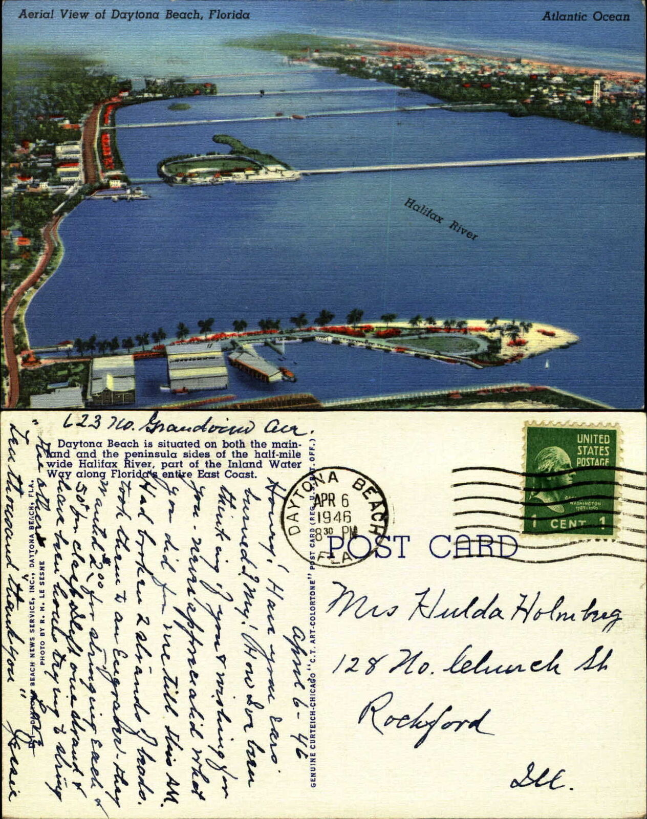 Daytona Beach Florida Halifax River aerial view linen mailed 1946