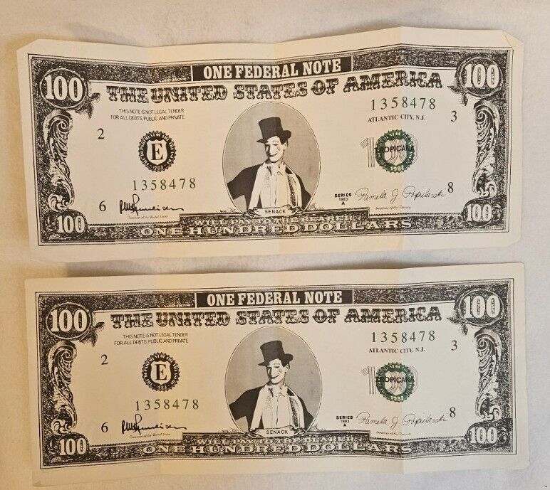 Vintage 1983 Tropicana Casino Atlantic City New Jersey Play Money $100 Lot of 2