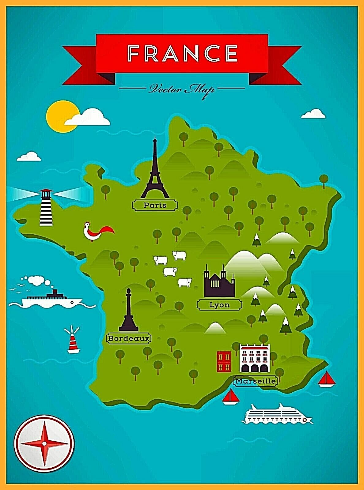 Map of Paris France Eiffel Tower Notre Dame Retro Travel Art Poster Print