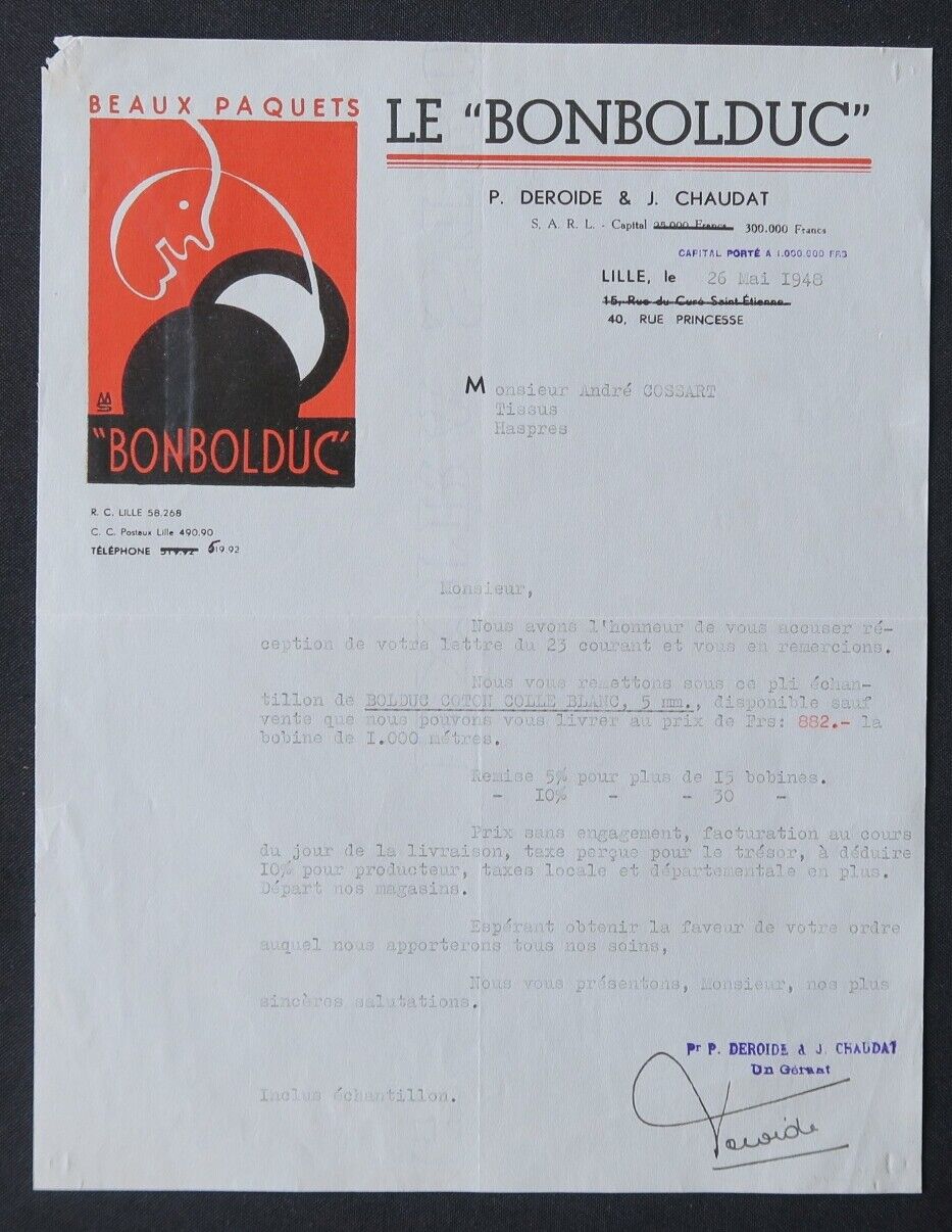 LILLE 1946 LE BONBOLDUC DEROID CHAUAT invoice illustrated parquet 75