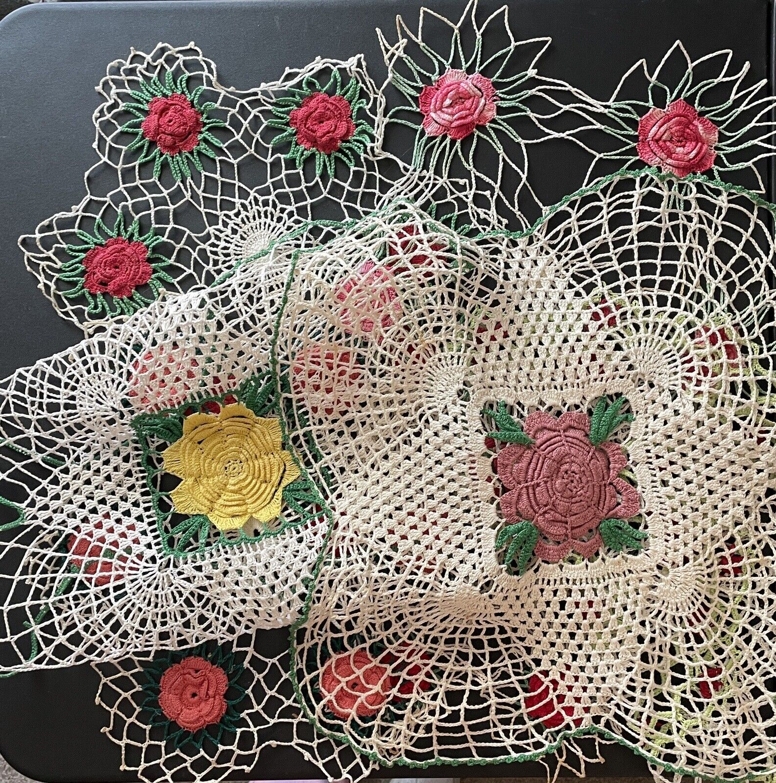 Lot of 7 Large Vintage Handmade Crocheted Doily Doilies 3D Starched 14”-19”