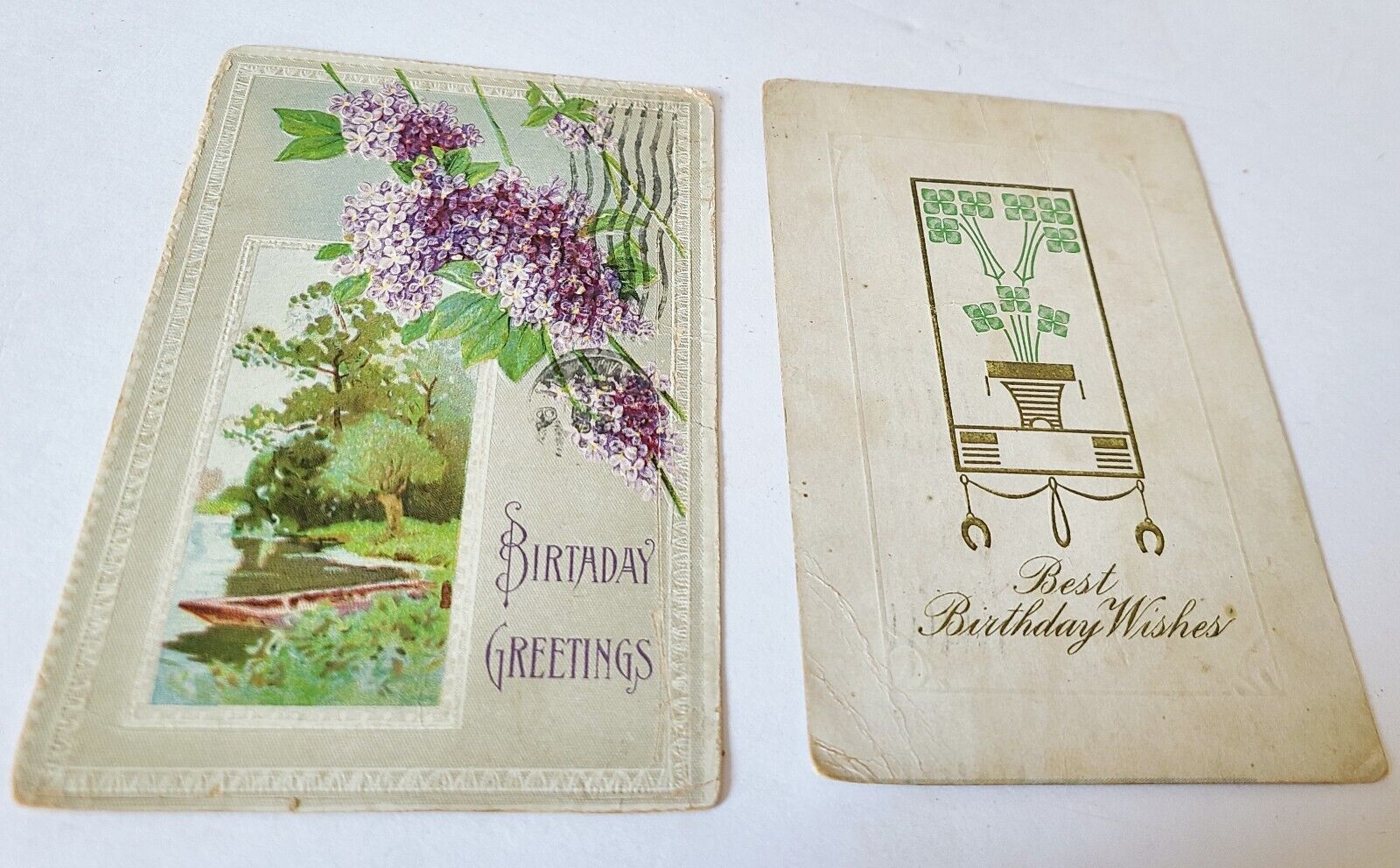 2 Antique Birthday Greetings POSTCARDS 1911-1913 Lilacs Planter