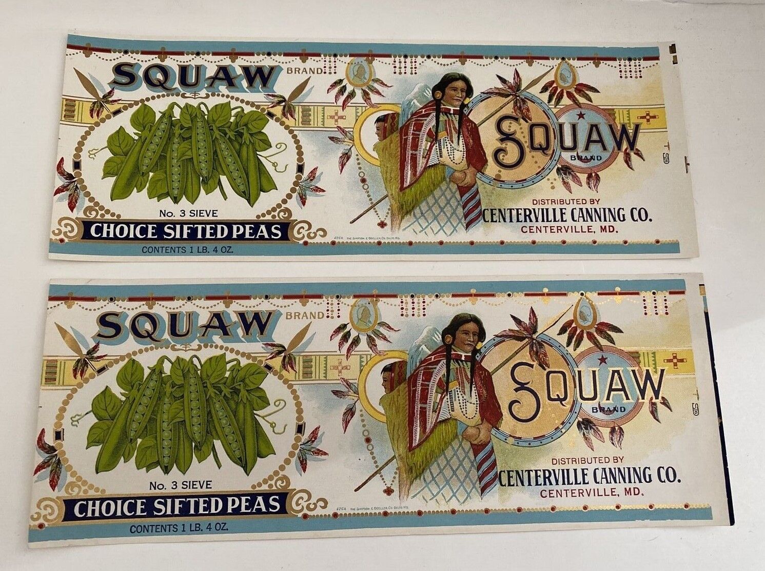 1920’s SQUAW Canned Goods LABELS Choice Sifted PEAS  Centerville MD.   Lot of 2