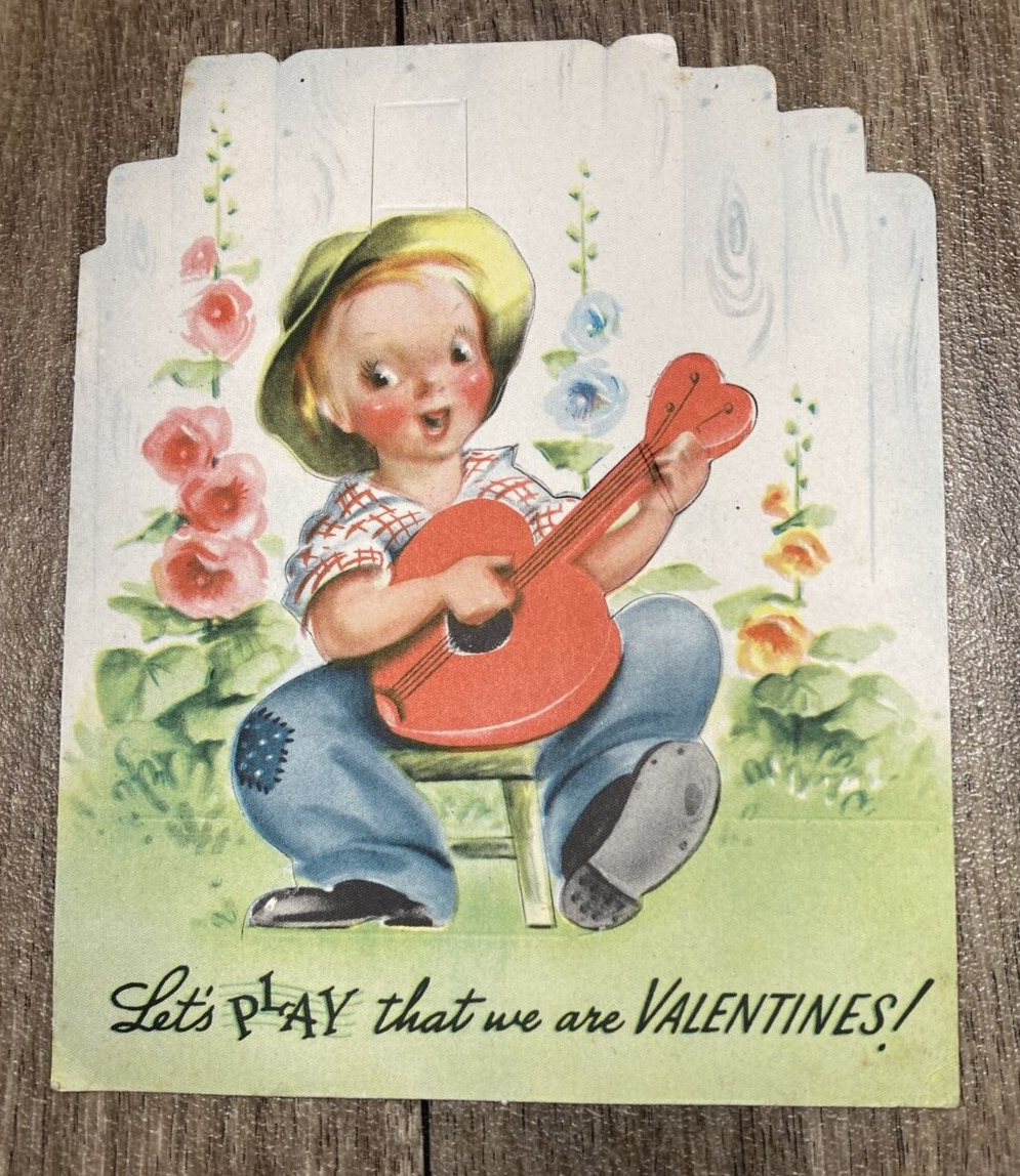 Vintage Valentine Boy Singing w Banjo 1930s Golden Bell