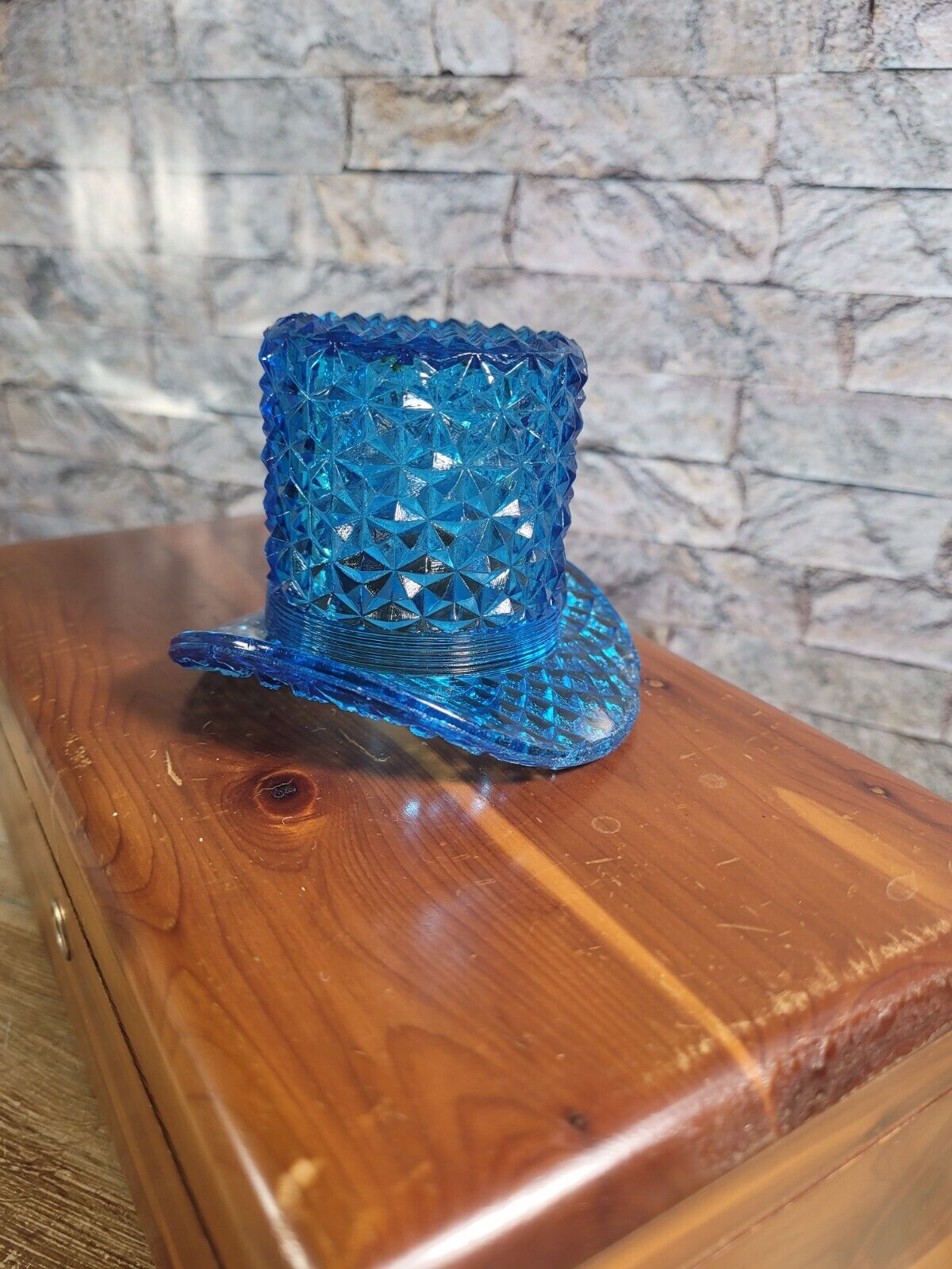 Antique EAPG Top Hat Toothpick Blue Glass Diamond w/ Stars Threaded Band DAMAGE