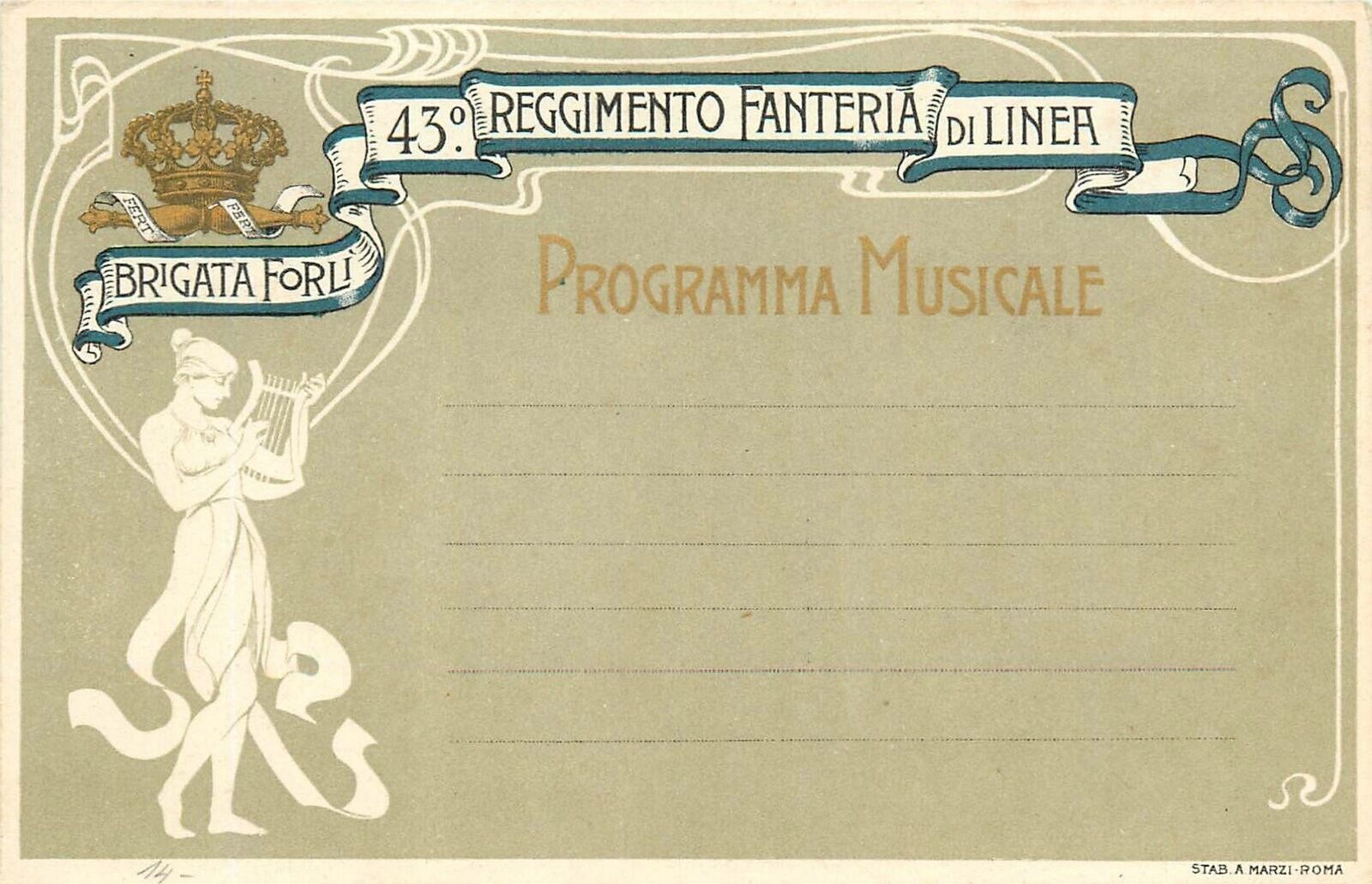 Postcard C-1900 Italy Italian military 43rd Regiment Musician Program 24-6697