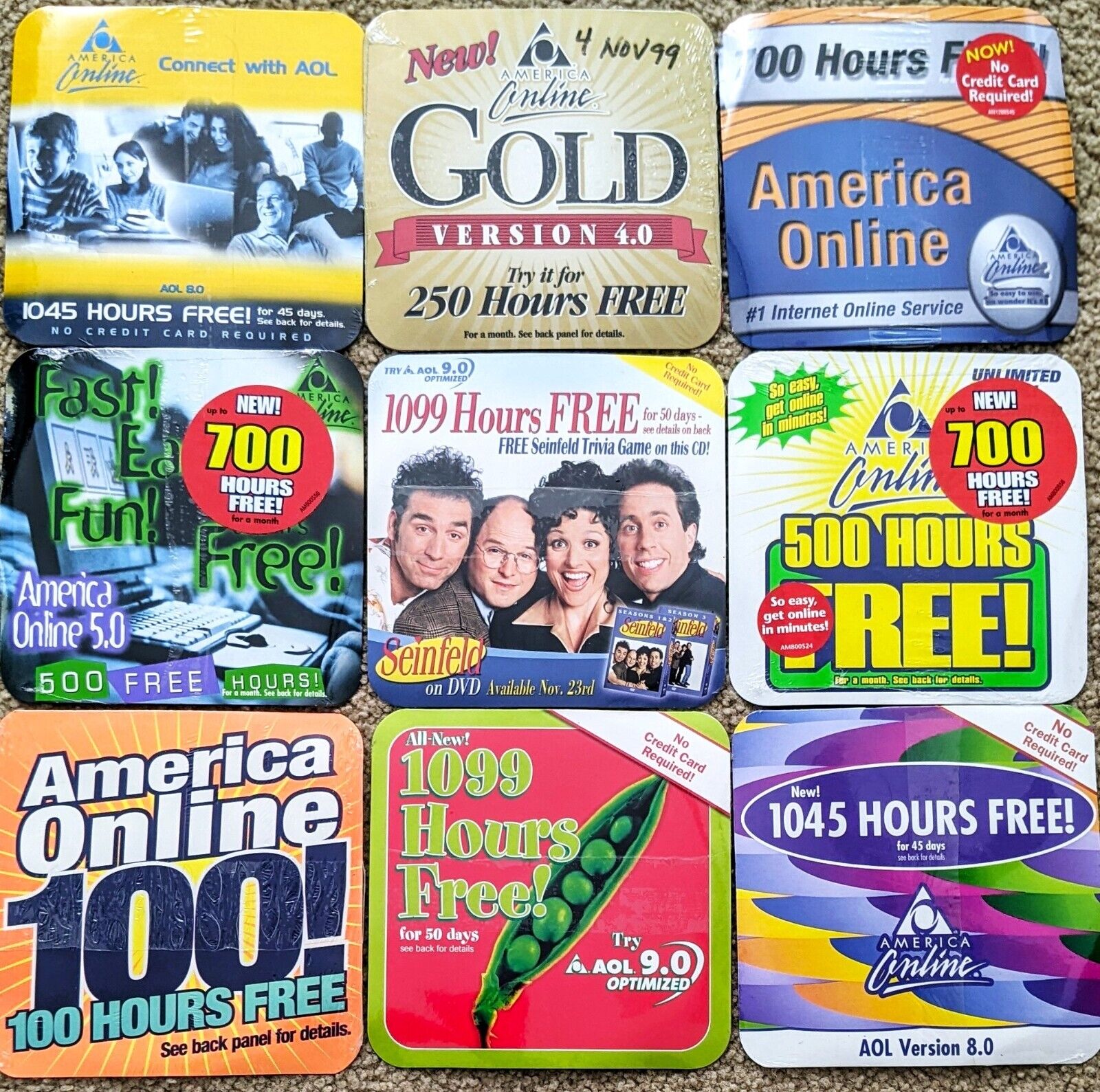 LOT of 9 America Online Collectible / Install Discs, AOL CD Versions 3.0-9.0