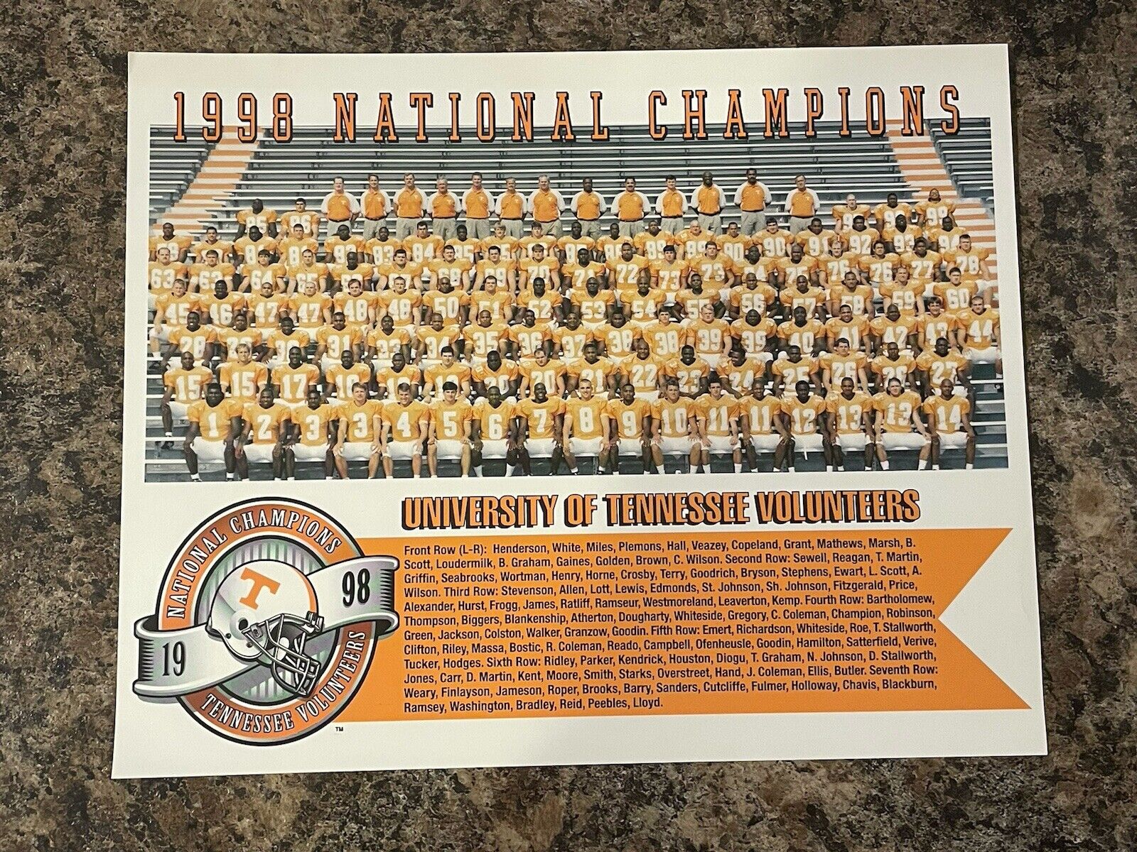 Tennessee Volunteers 1998 National Champion Football Team Picture, 8 x 10