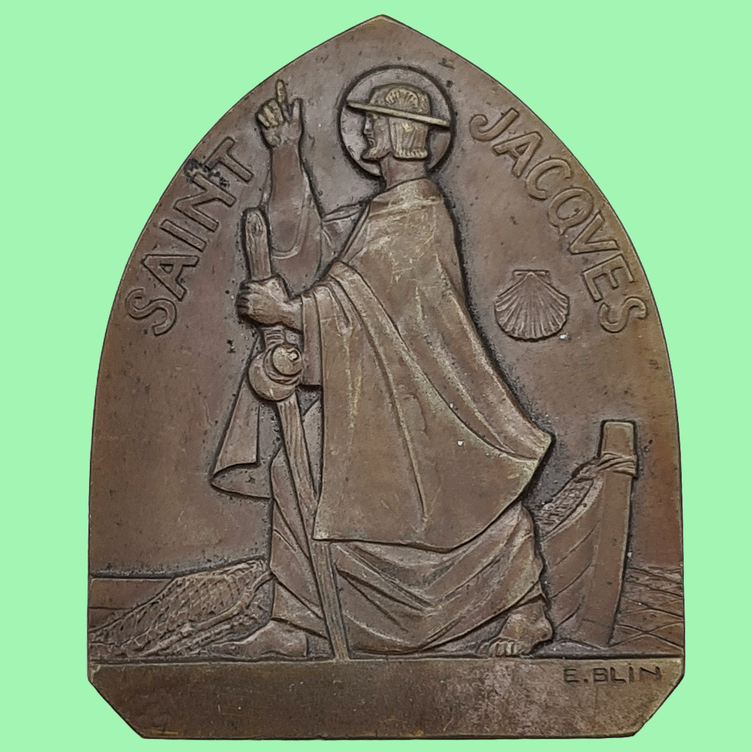 Antique St Jacques-De-Compostelle medal E. BLIN religious plaque badge