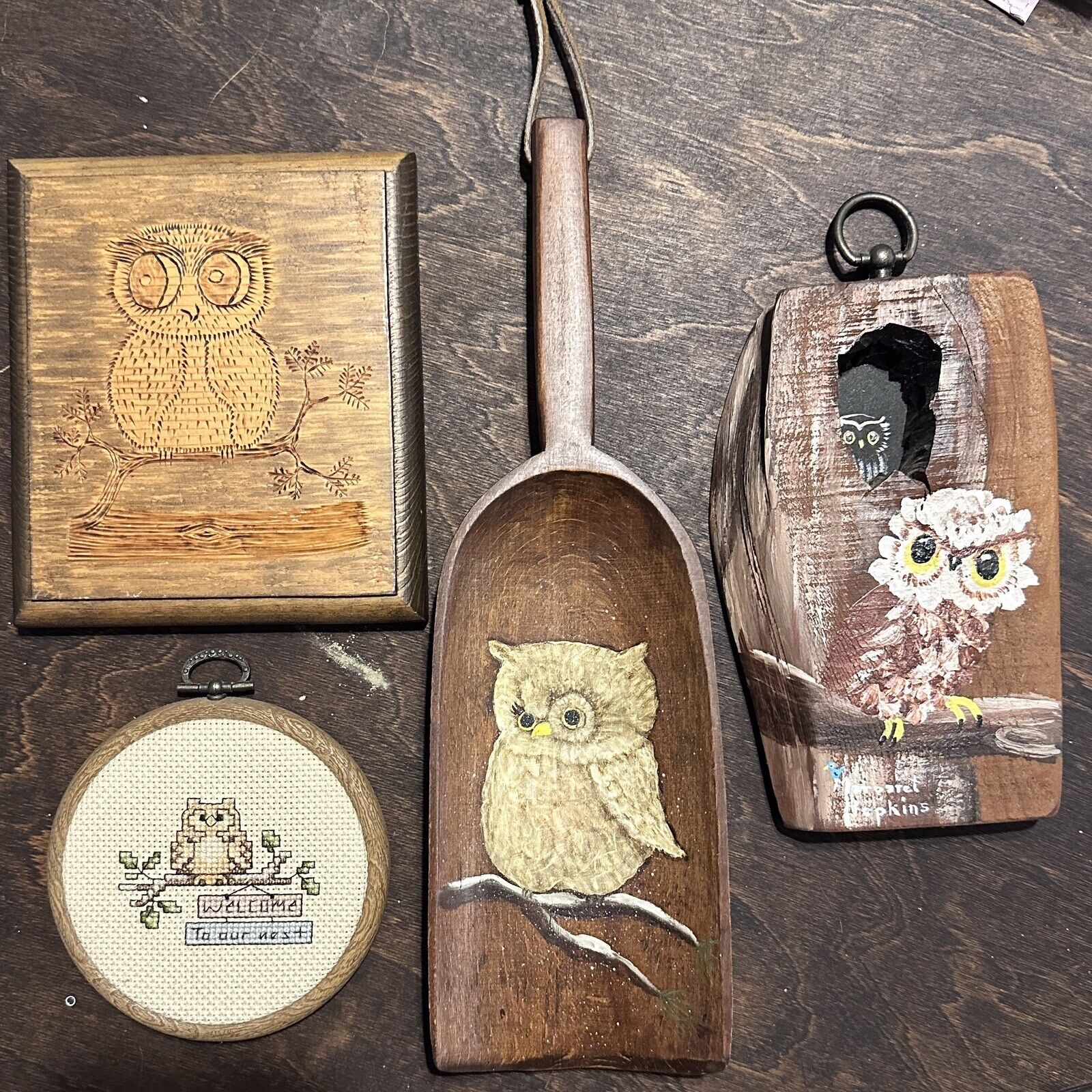 Lot Of Primitive Vintage Country Owl Decor Wooden Handpainted 70s Kitchen 