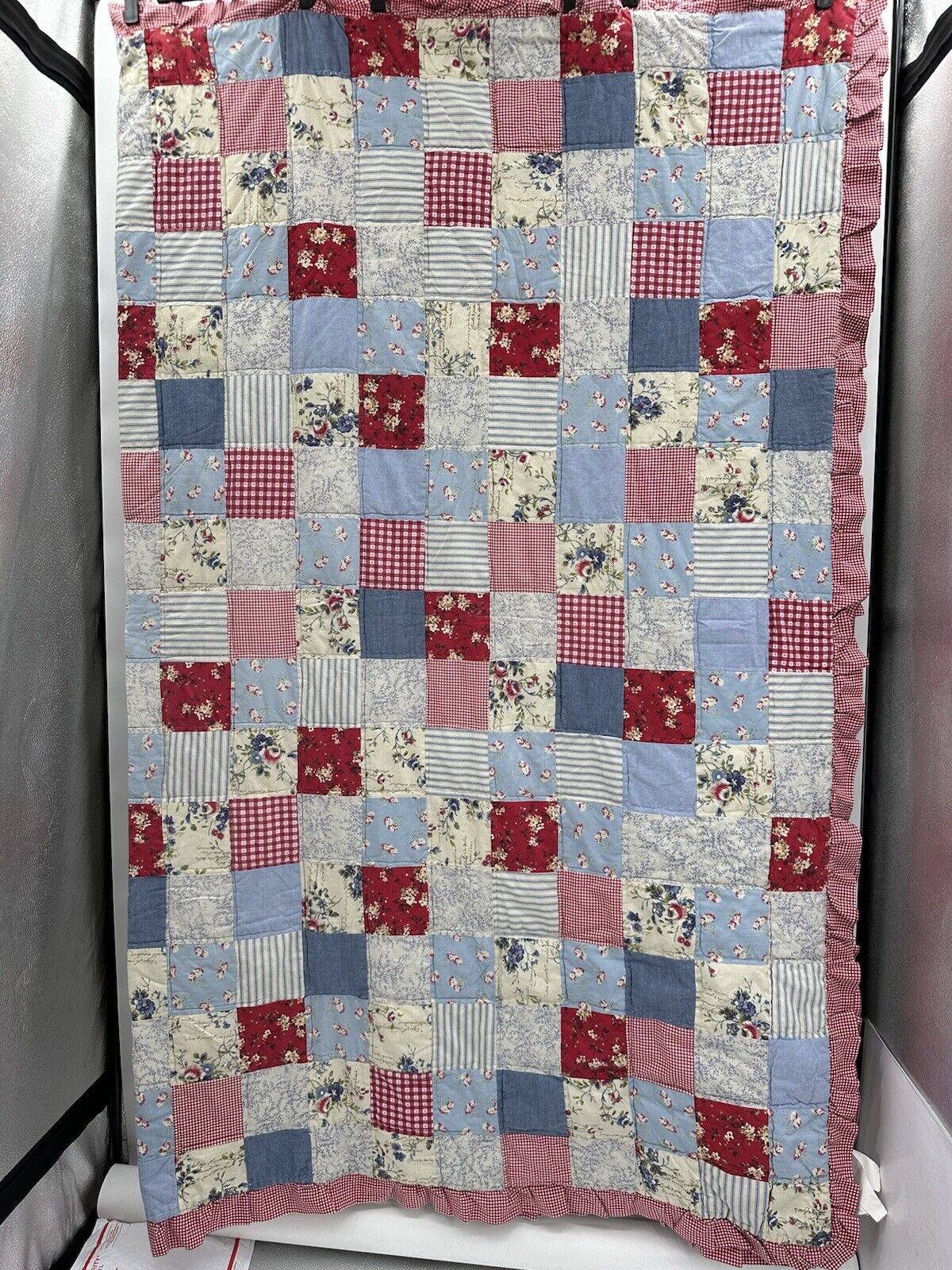 Vintage Gingham Rufflle Quilt GVC 72 X 86” Handstitched. Reds/Blues/ White