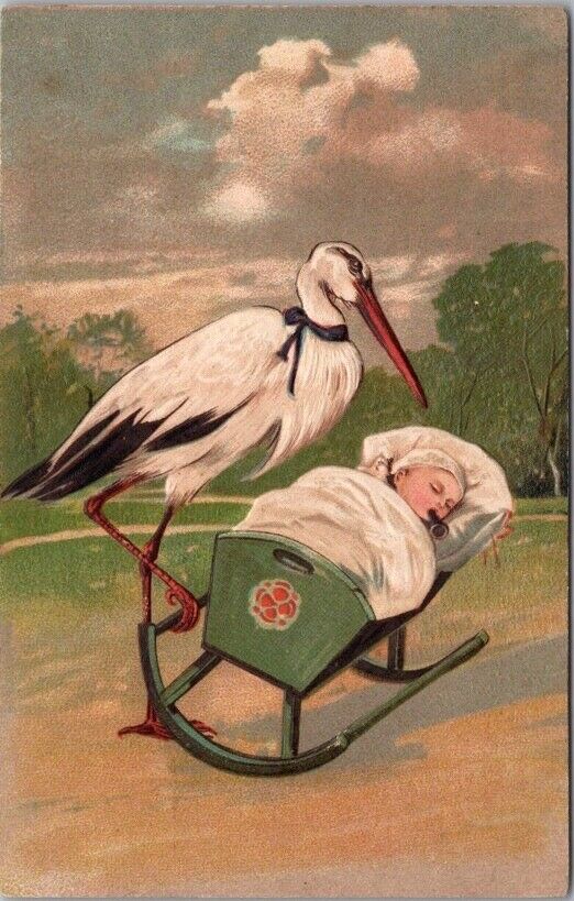 1910s STORK / Birth Announcement EMBOSSED Postcard Baby in Cradle - PFB #6289