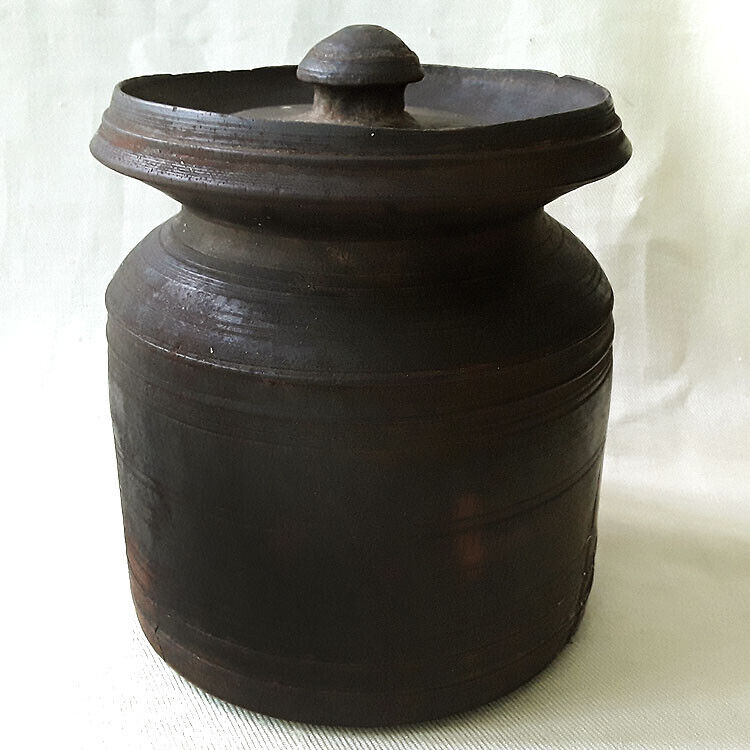 ANTIQUE WOODEN CARVED TSAMPA POT WITH STOPPER IDEAL FOR RICE NEPAL