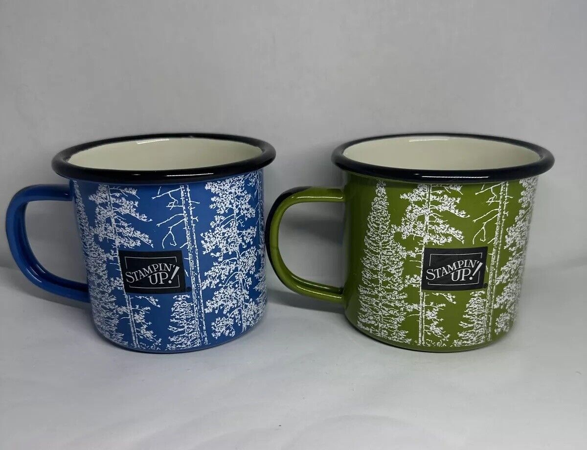 2 Stampin Up Mugs Happy Trails Enamelware One Green, One Blue Trees Pinecone