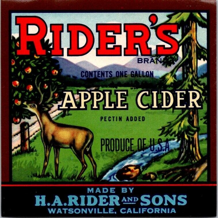 Vintage Label Rider\'s apple cider H A Riders and sons California