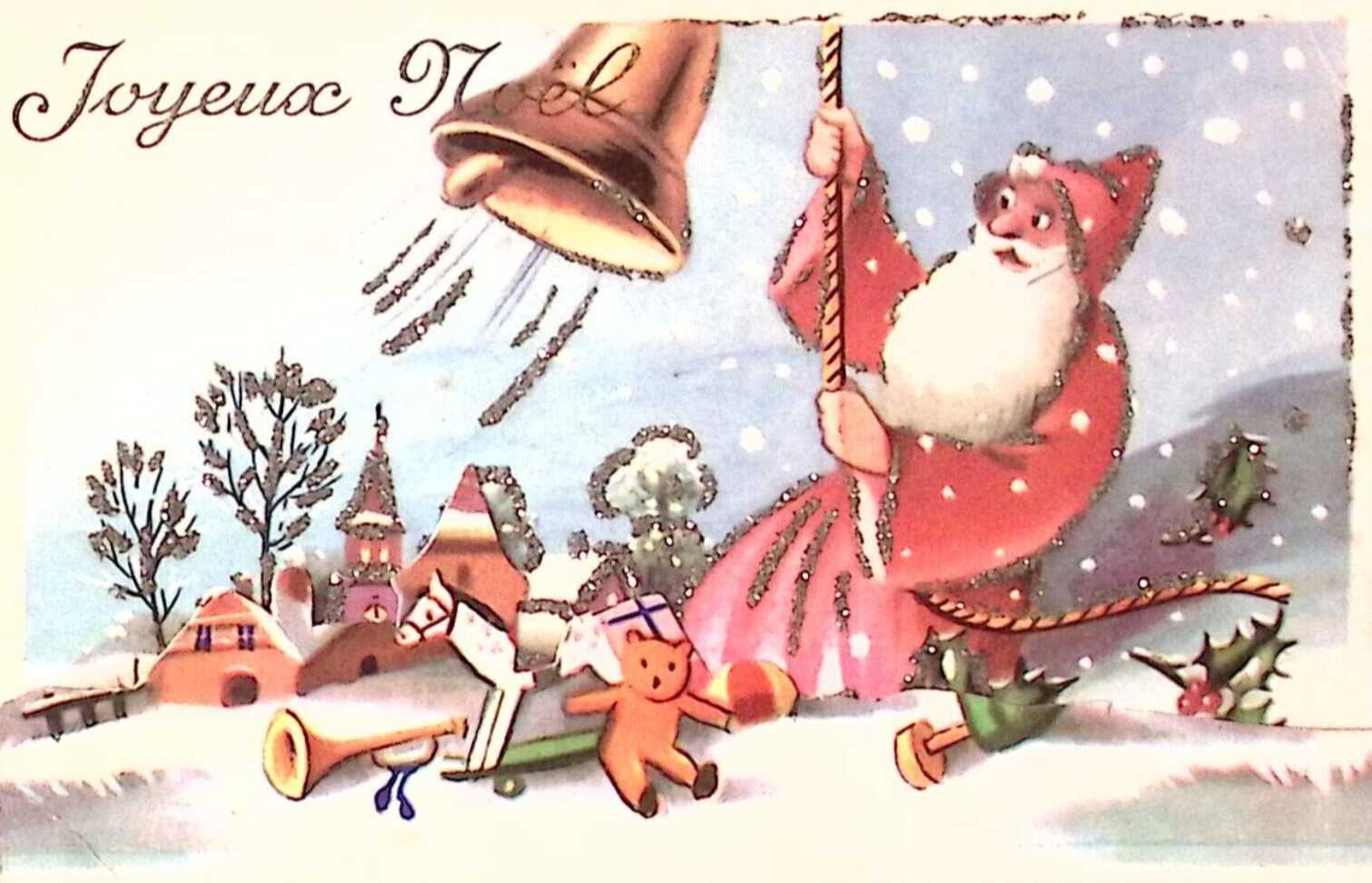 Vintge FRANCE Christmas Postcard Embellished Glitter Santa Swings Bell Rope