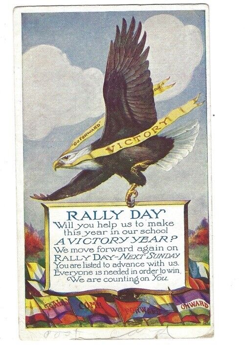 c1920s Rally Day School Flying Eagle Victory Banner Postcard POSTED