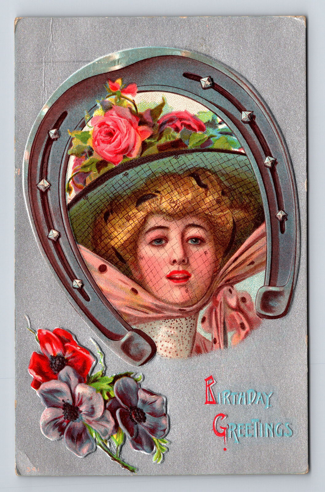 Embossed Pretty Lady Birthday Greetings Flowered Hat & Veil Millinery Postcard