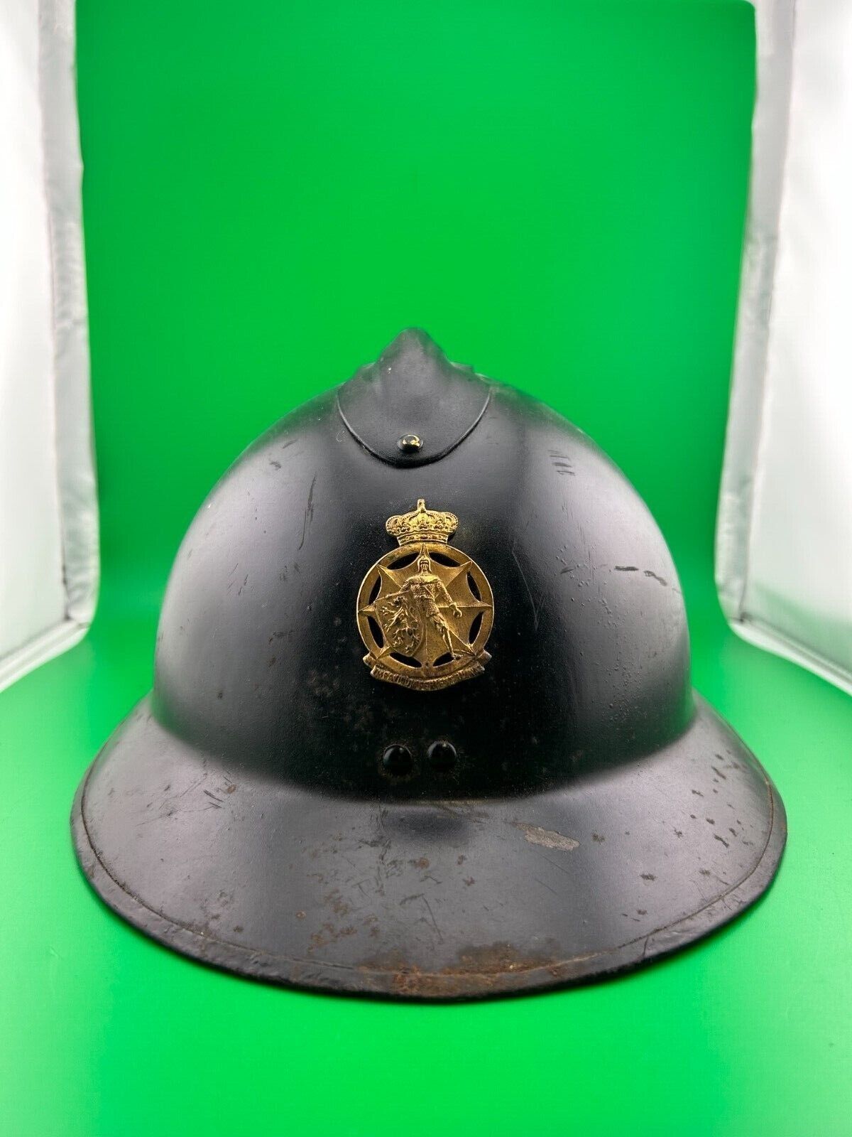 WWII Belgian Civilian Defense Adrian Combat Helmet with Liner and Chinstrap