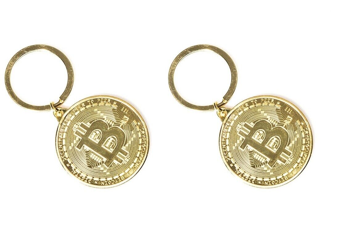 BTC Keychain Gold Plated Bitcoin Physical Coin Cryptocurrency (Pack of 2)